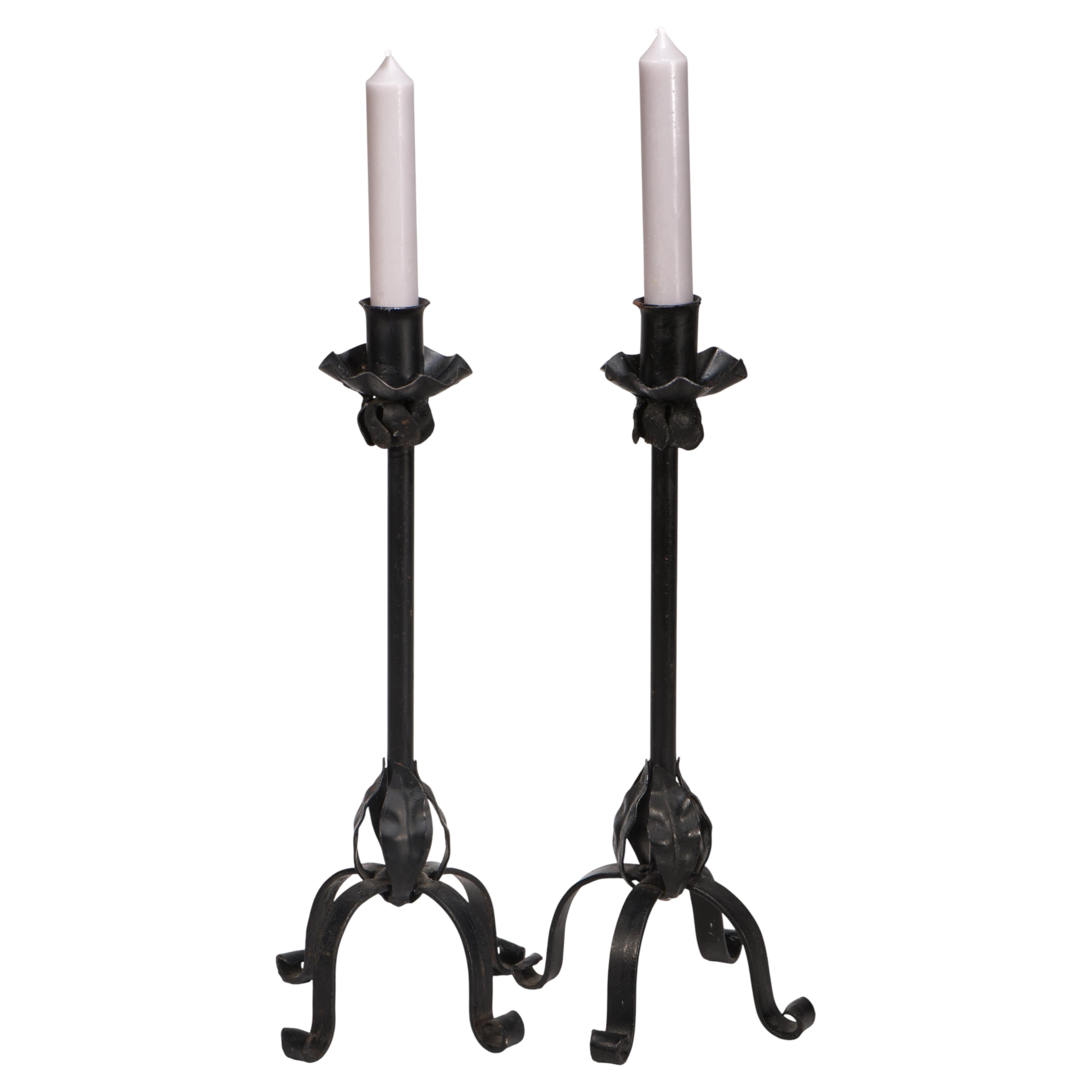 Vintage Pair of Brutalist Candle Holders, Hand Forged Wrought Iron