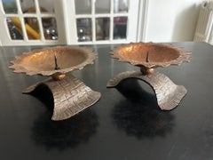 Vintage Pair of Brutalist Hammered Copper Candle Holders – Handcrafted Sculptura