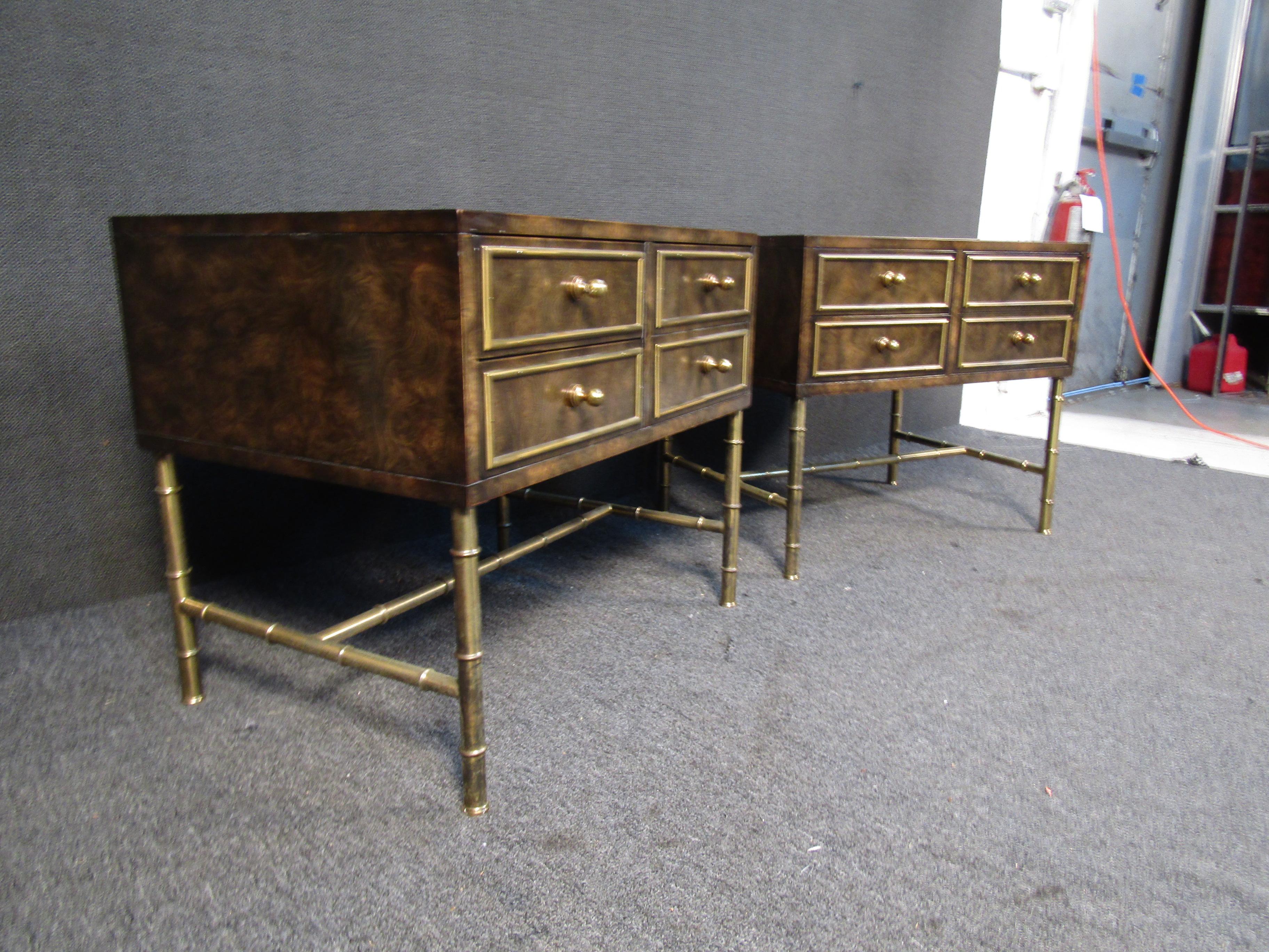 Mid-Century Modern Vintage Pair of Burl and Brass Night Stands by Mastercraft For Sale