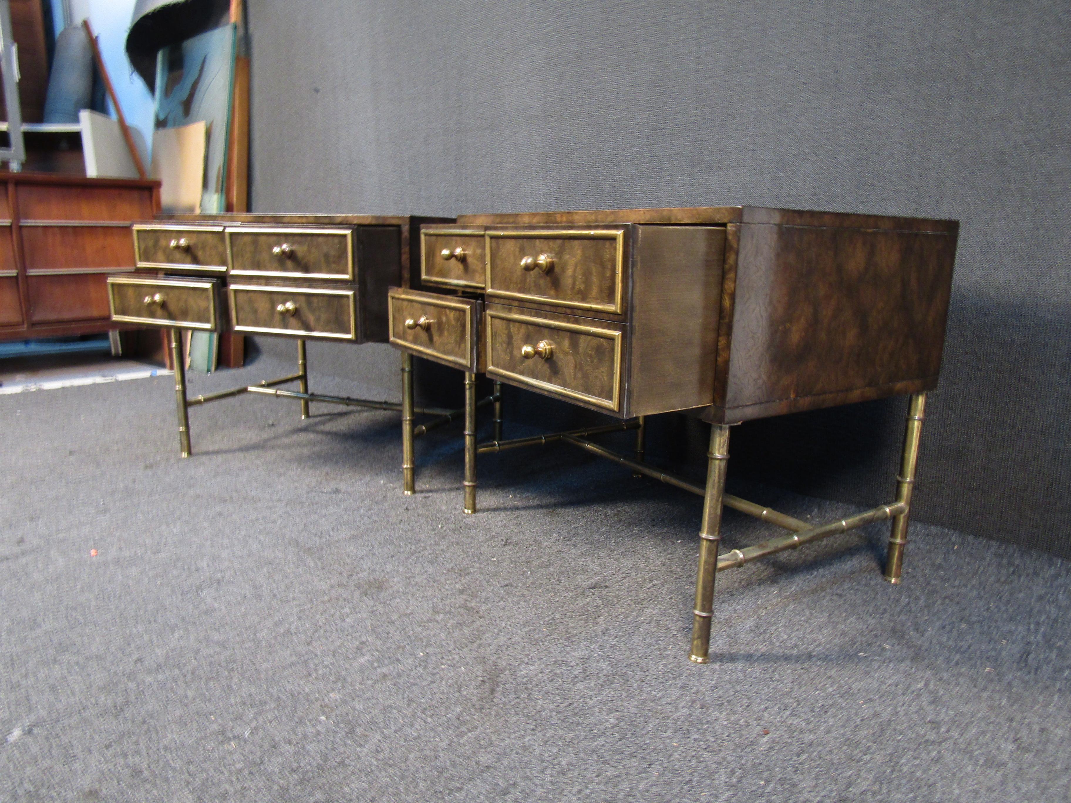 Wood Vintage Pair of Burl and Brass Night Stands by Mastercraft For Sale