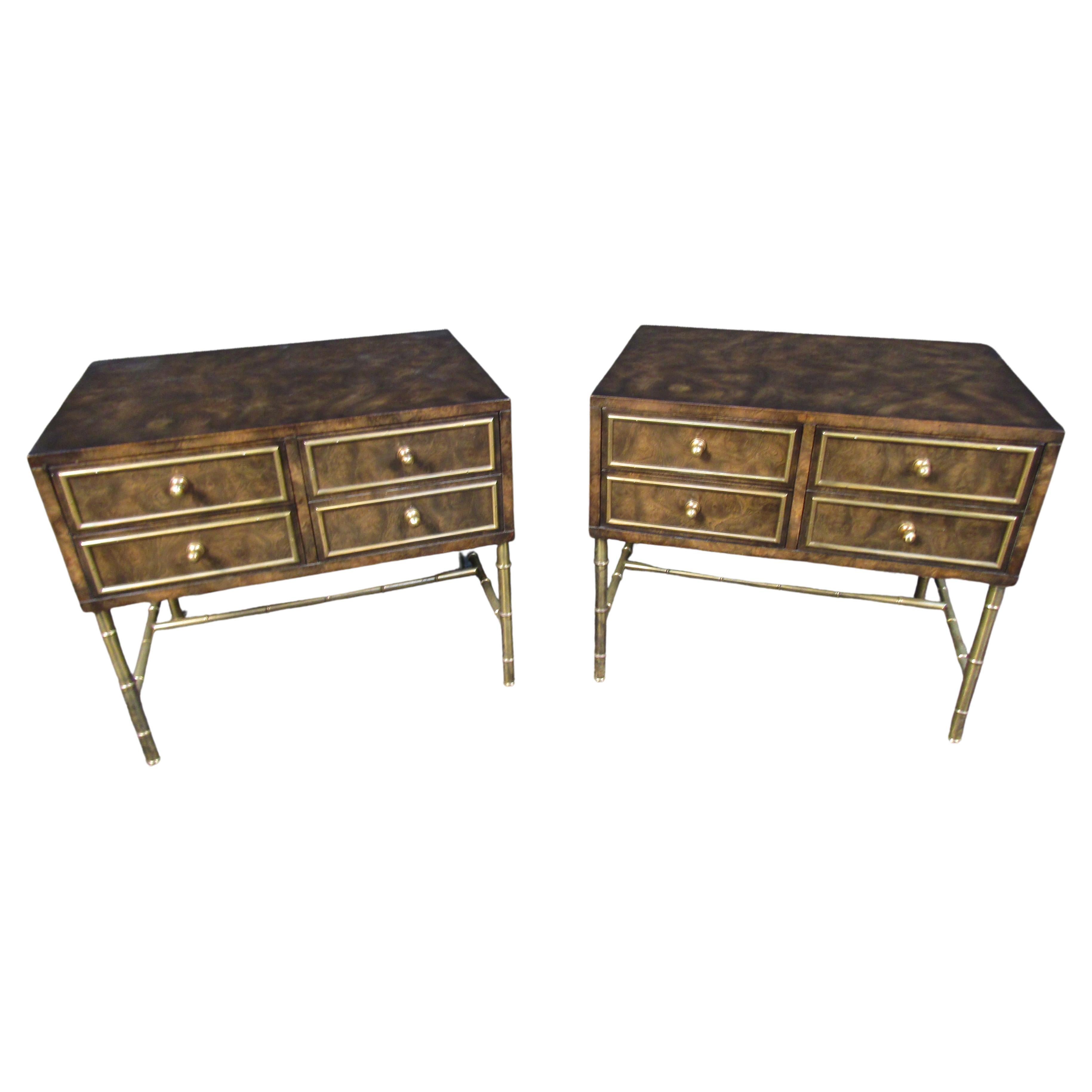 Vintage Pair of Burl and Brass Night Stands by Mastercraft