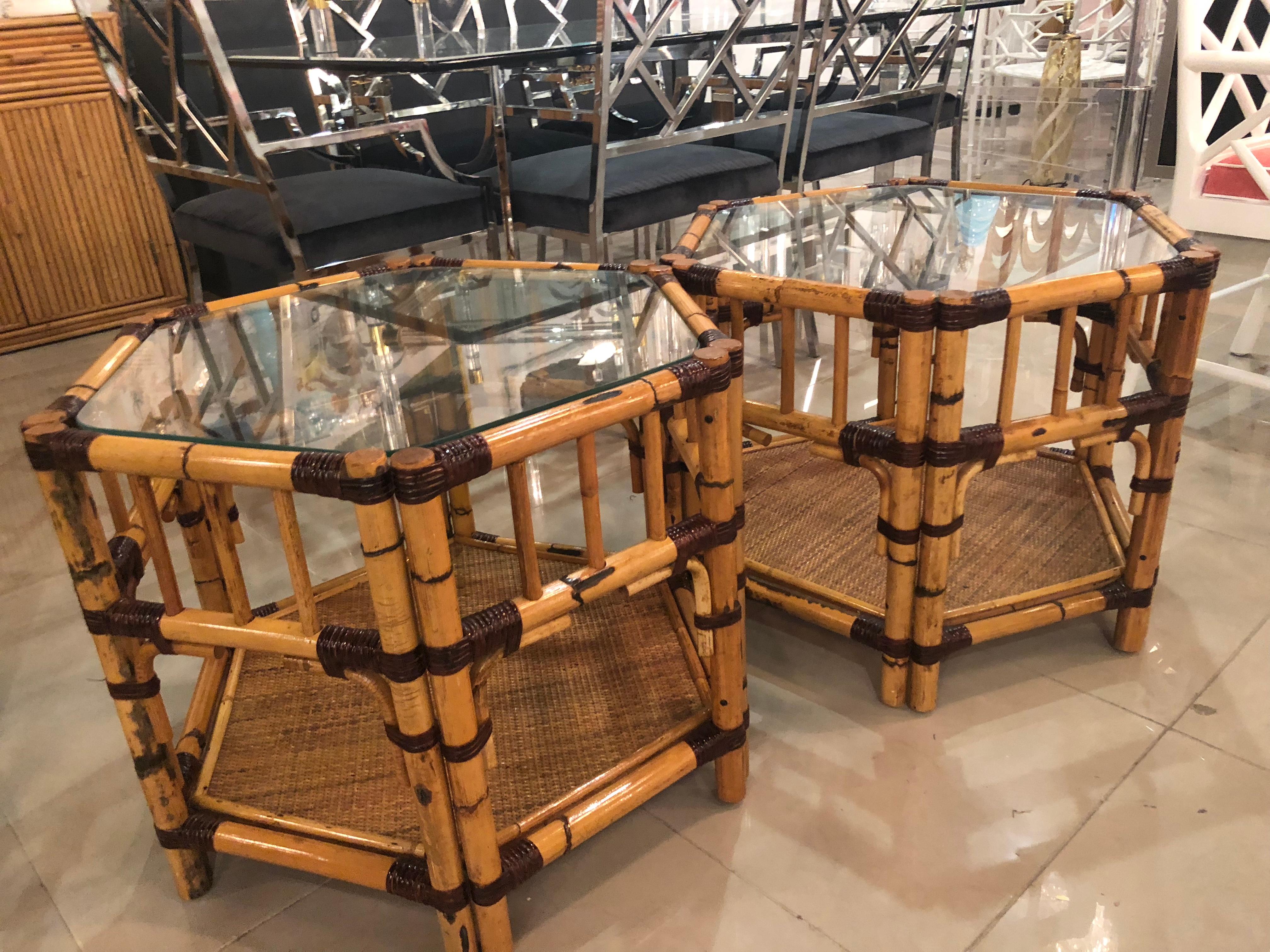 Vintage Pair of Burnt Bamboo Rattan End Side Tables Octagonal 1