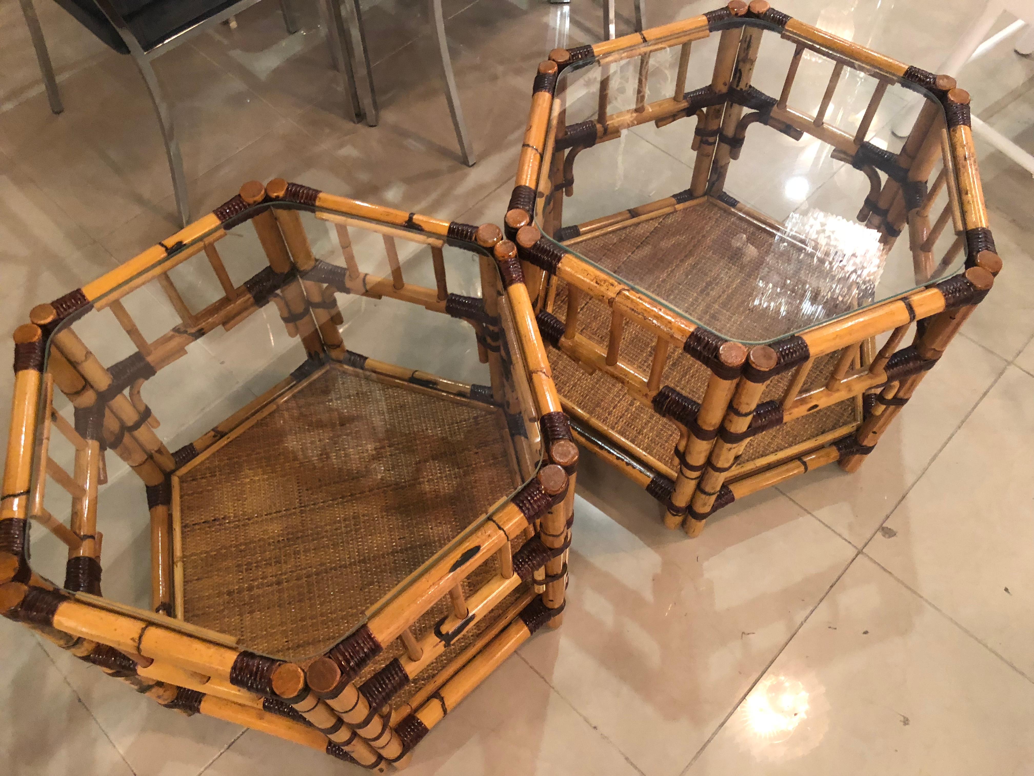 Vintage Pair of Burnt Bamboo Rattan End Side Tables Octagonal 2