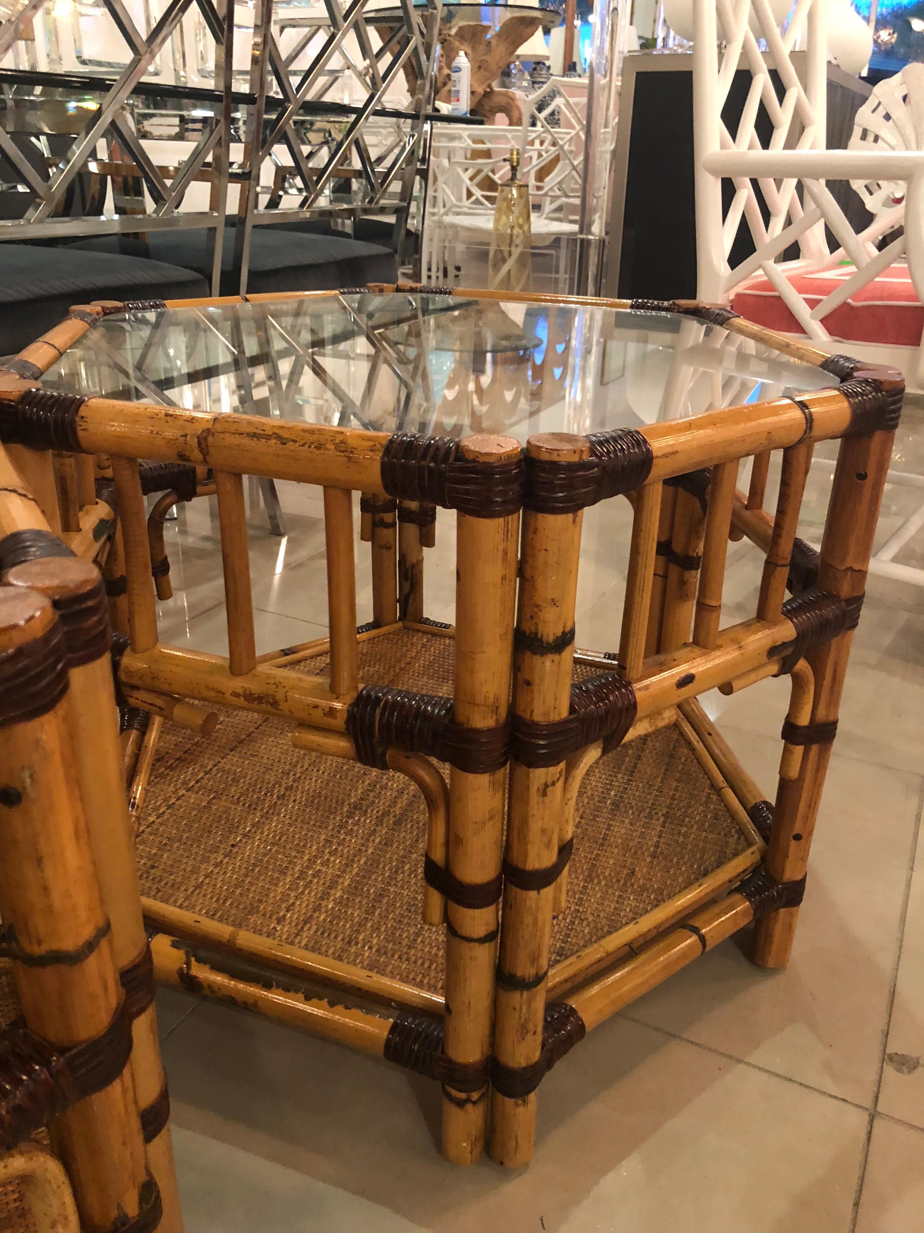 Vintage Pair of Burnt Bamboo Rattan End Side Tables Octagonal In Good Condition In West Palm Beach, FL