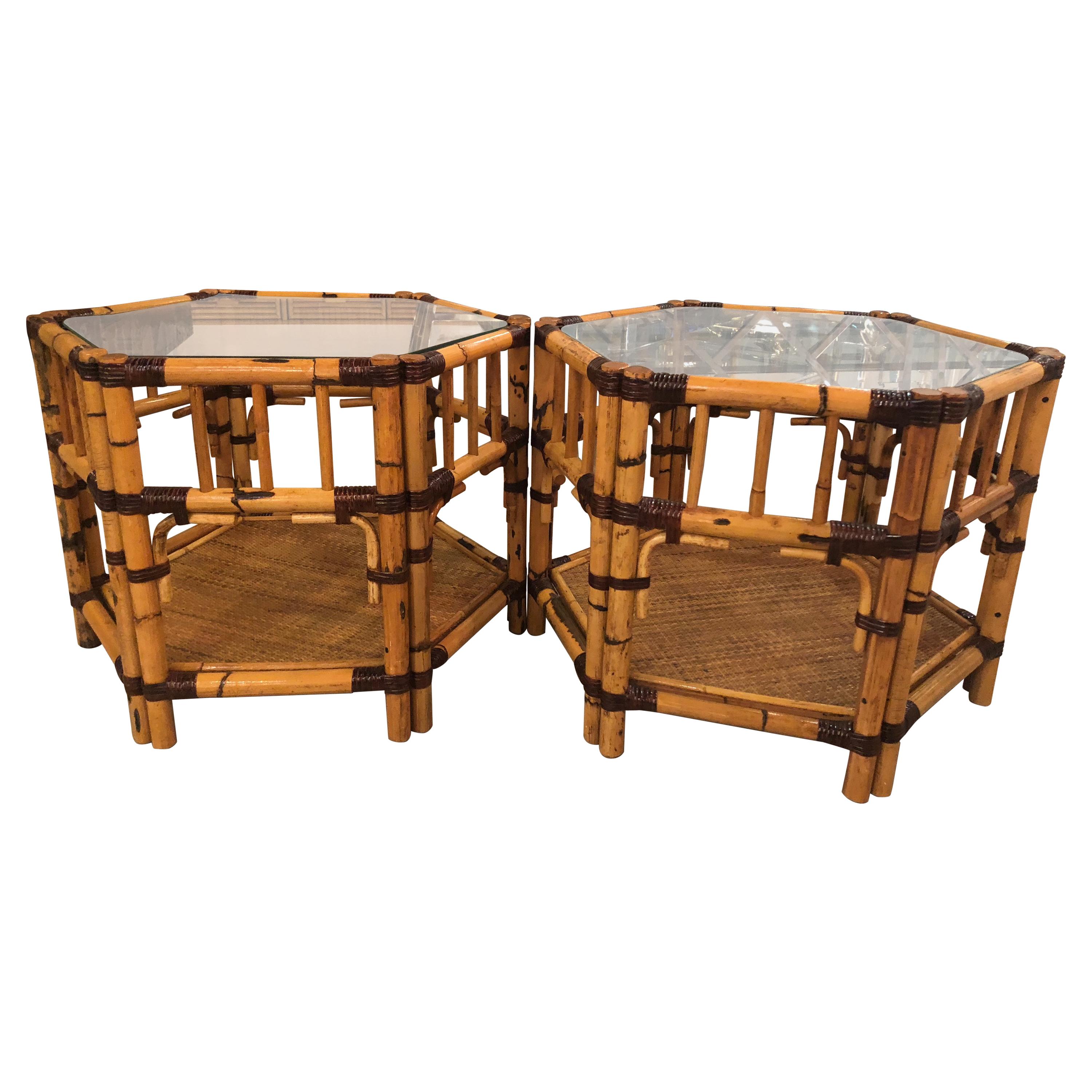 Vintage Pair of Burnt Bamboo Rattan End Side Tables Octagonal