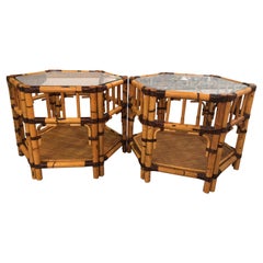 Vintage Pair of Burnt Bamboo Rattan End Side Tables Octagonal