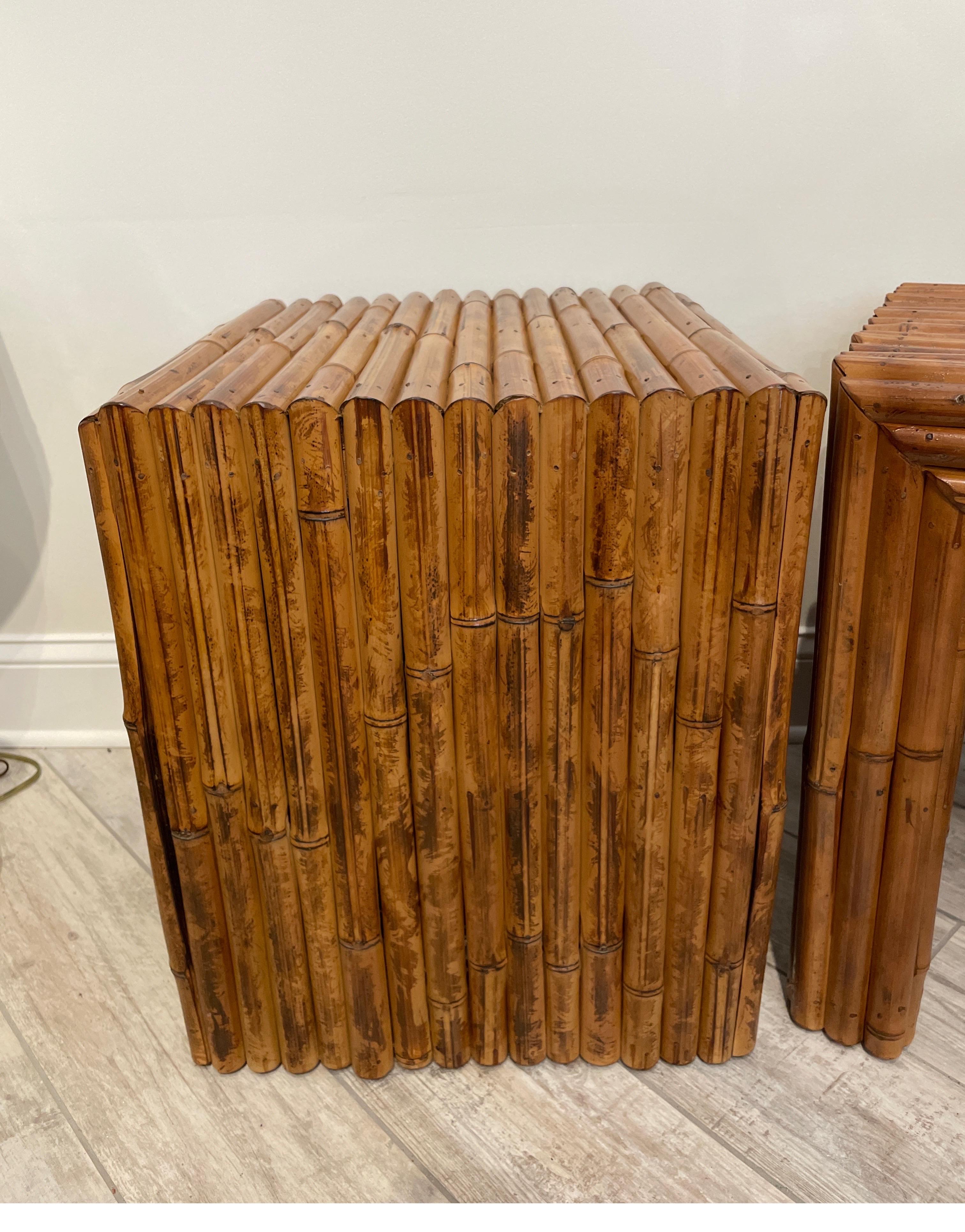 Vintage Pair of Burnt Bamboo Side Tables For Sale 5