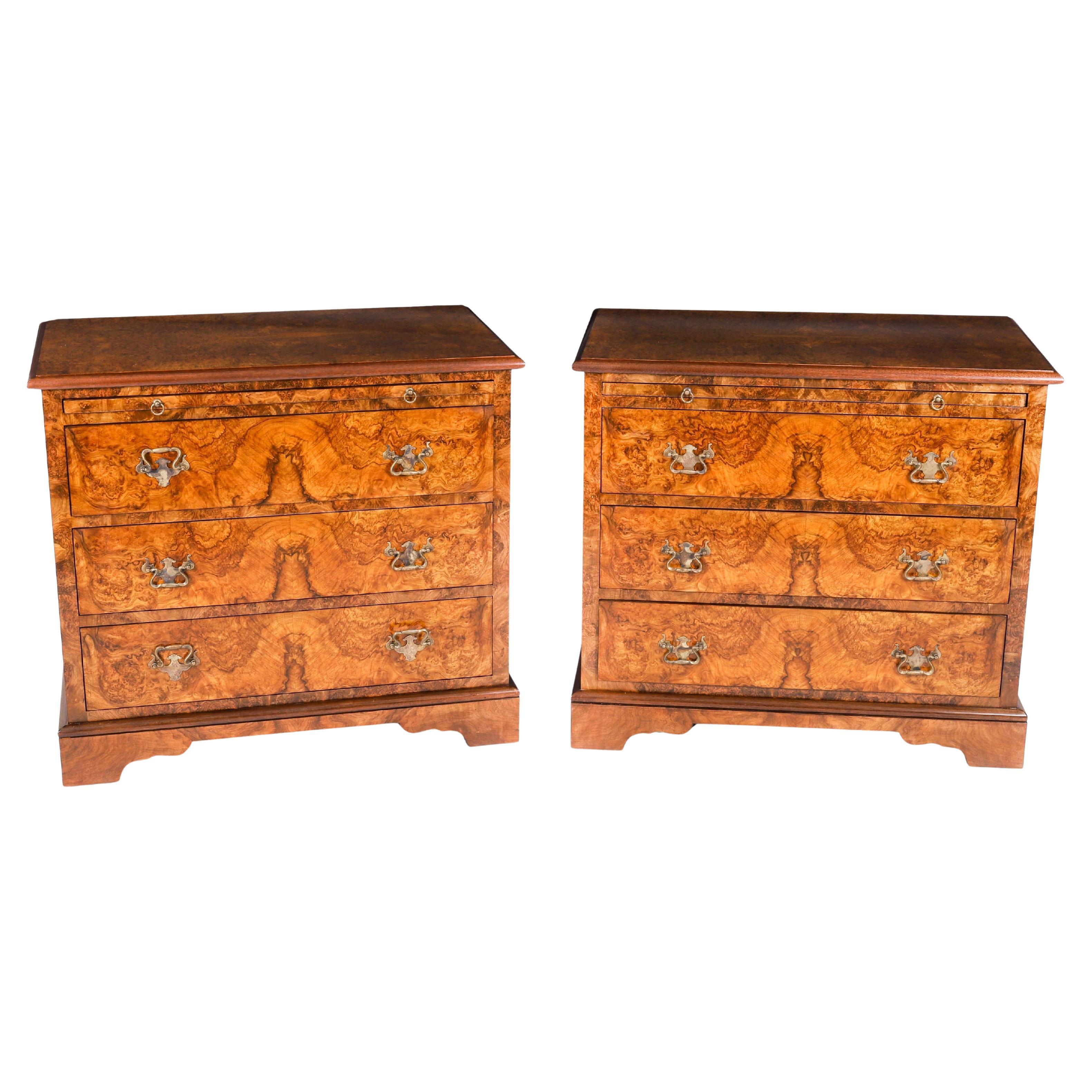 Vintage Pair of Burr Walnut Bedside Chests Cabinets 20th Century 70x80x50cm