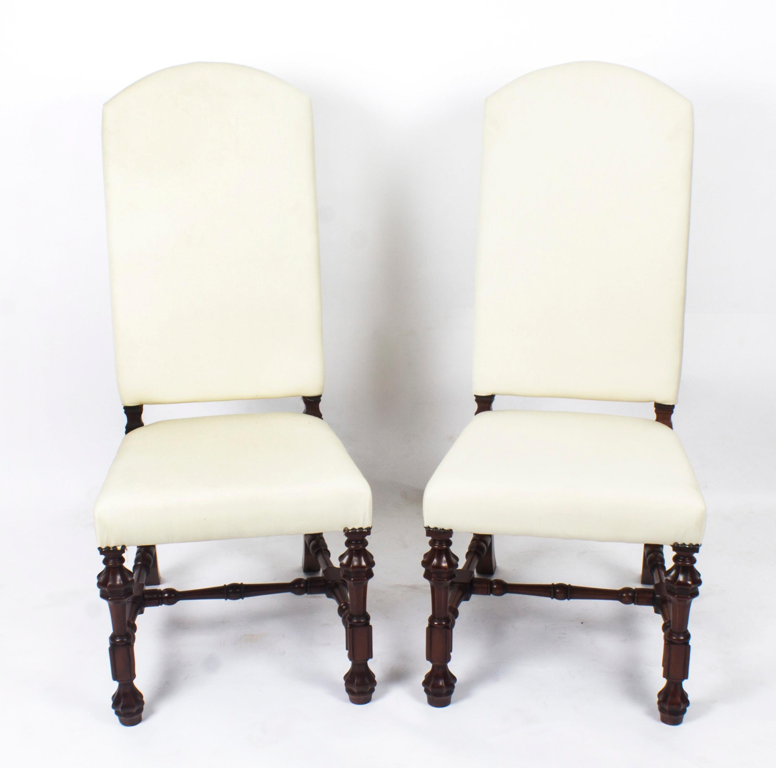 Vintage Pair of Carolean Style Upholstered High Back Dining Chairs, 20th Century For Sale 5