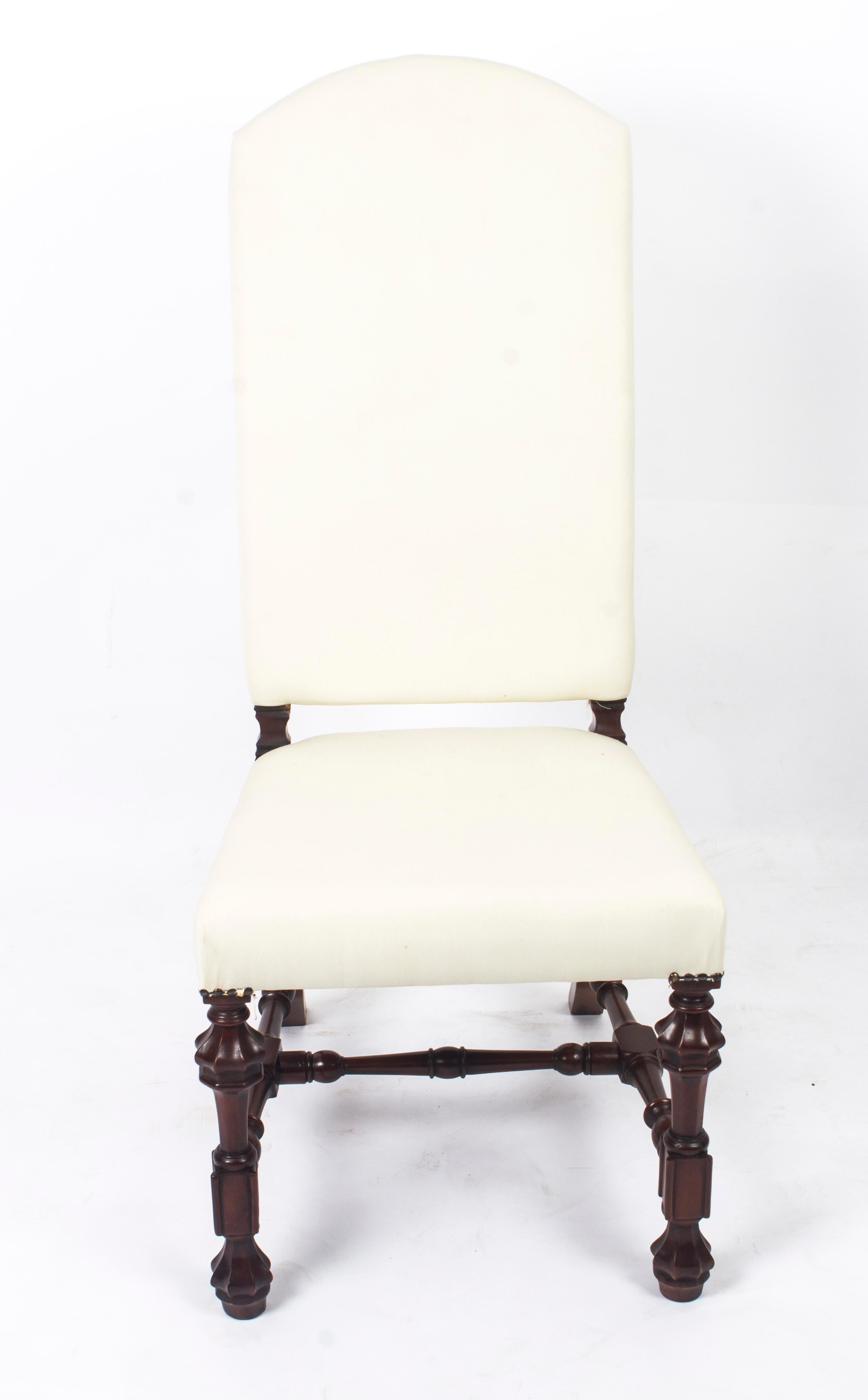 English Vintage Pair of Carolean Style Upholstered High Back Dining Chairs, 20th Century For Sale