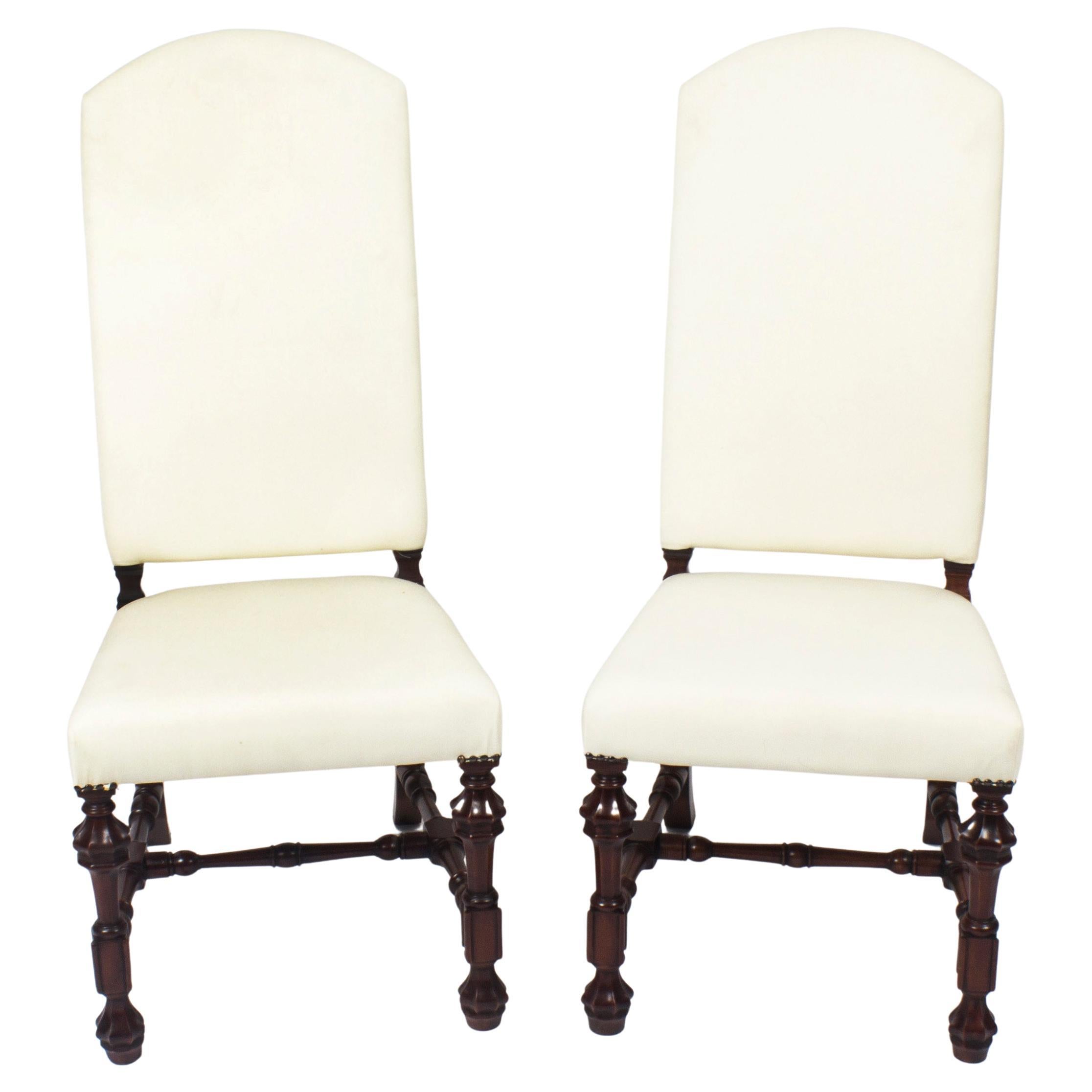 Vintage Pair of Carolean Style Upholstered High Back Dining Chairs, 20th Century