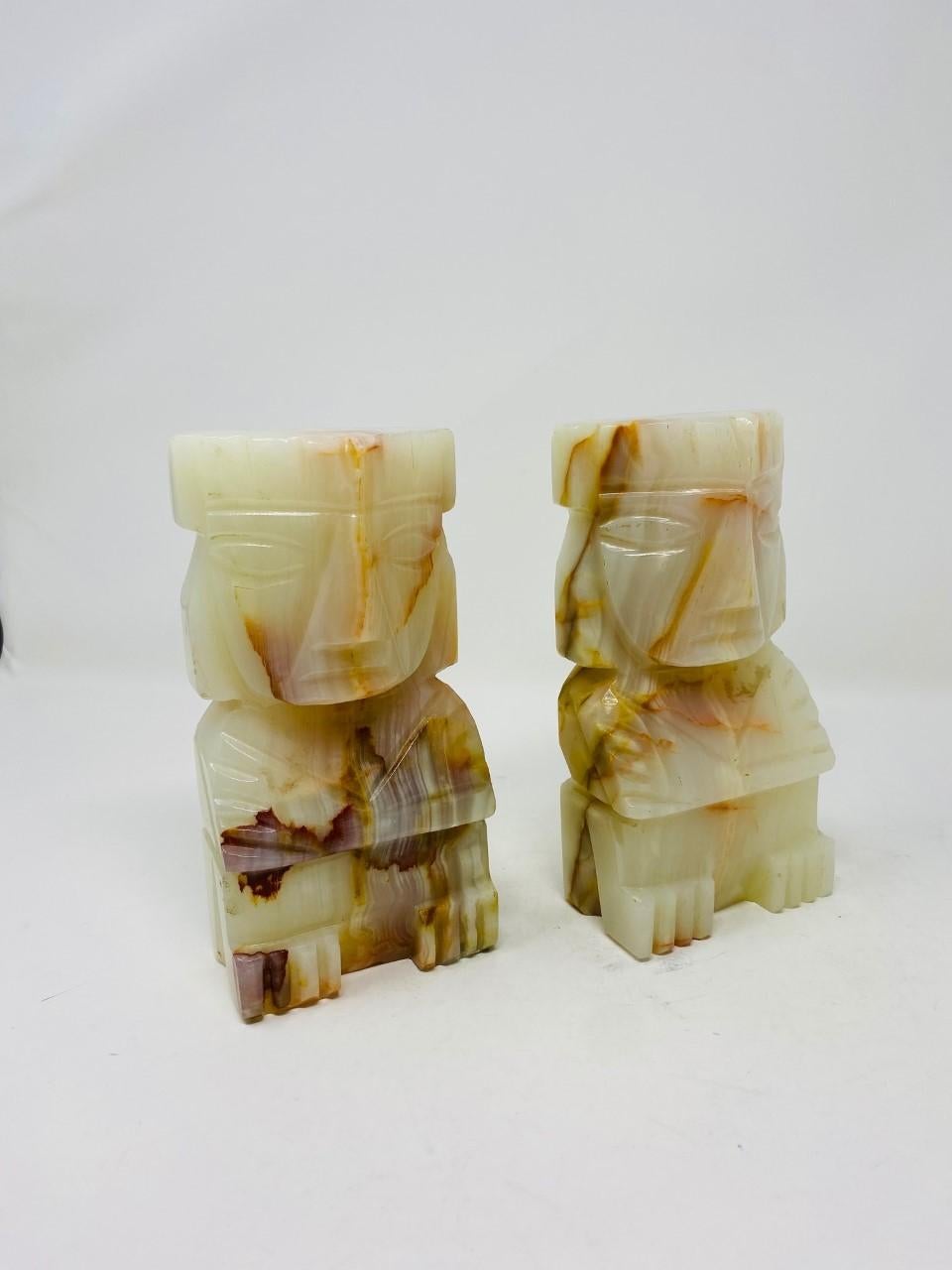 Vintage Pair of Carved Aztec Onyx Stone Bookends  In Good Condition For Sale In San Diego, CA