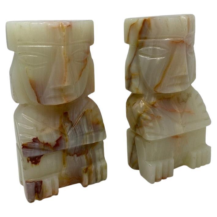 Vintage Pair of Carved Aztec Onyx Stone Bookends For Sale