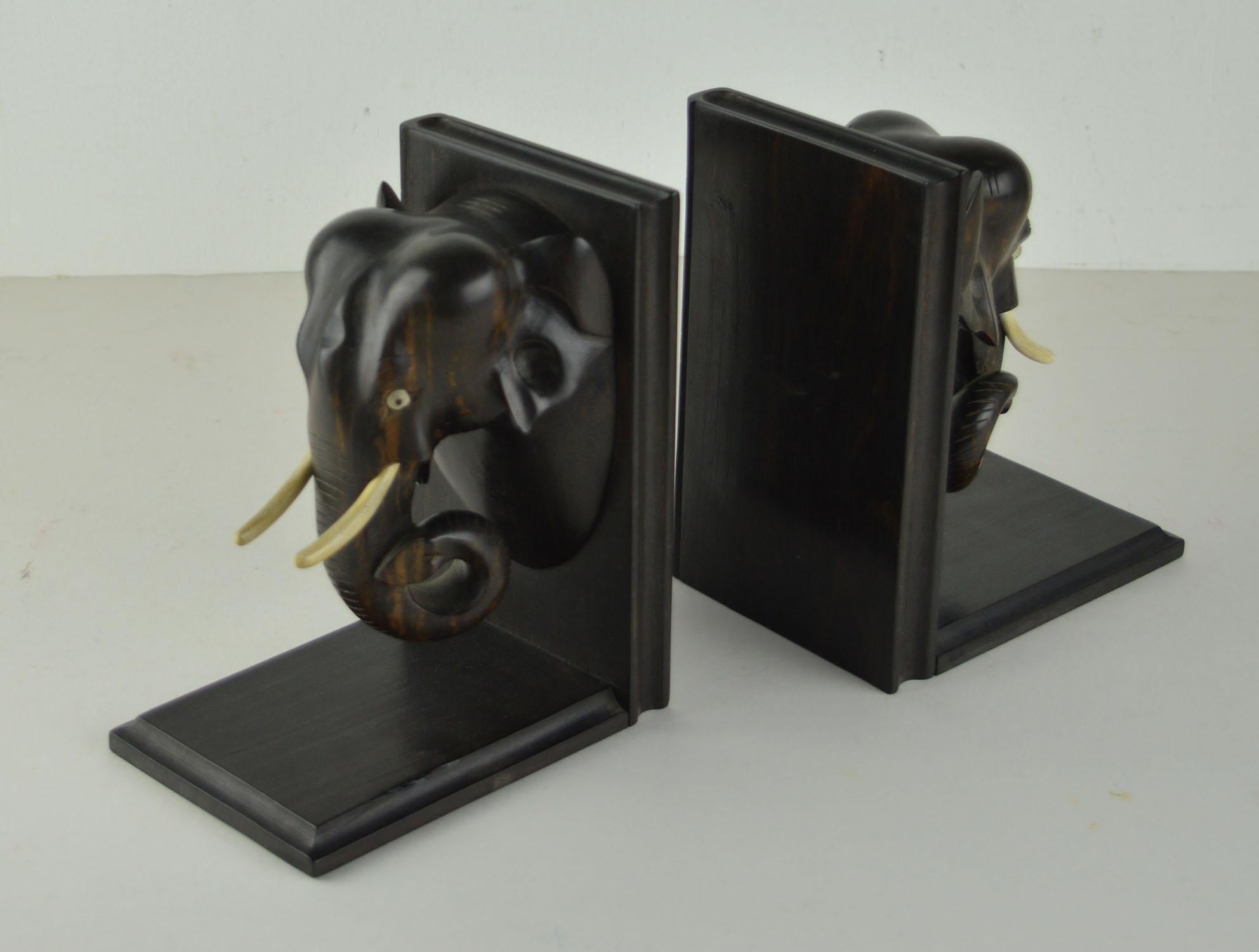 Anglo Raj Vintage Pair of Carved Ebony Elephant Bookends