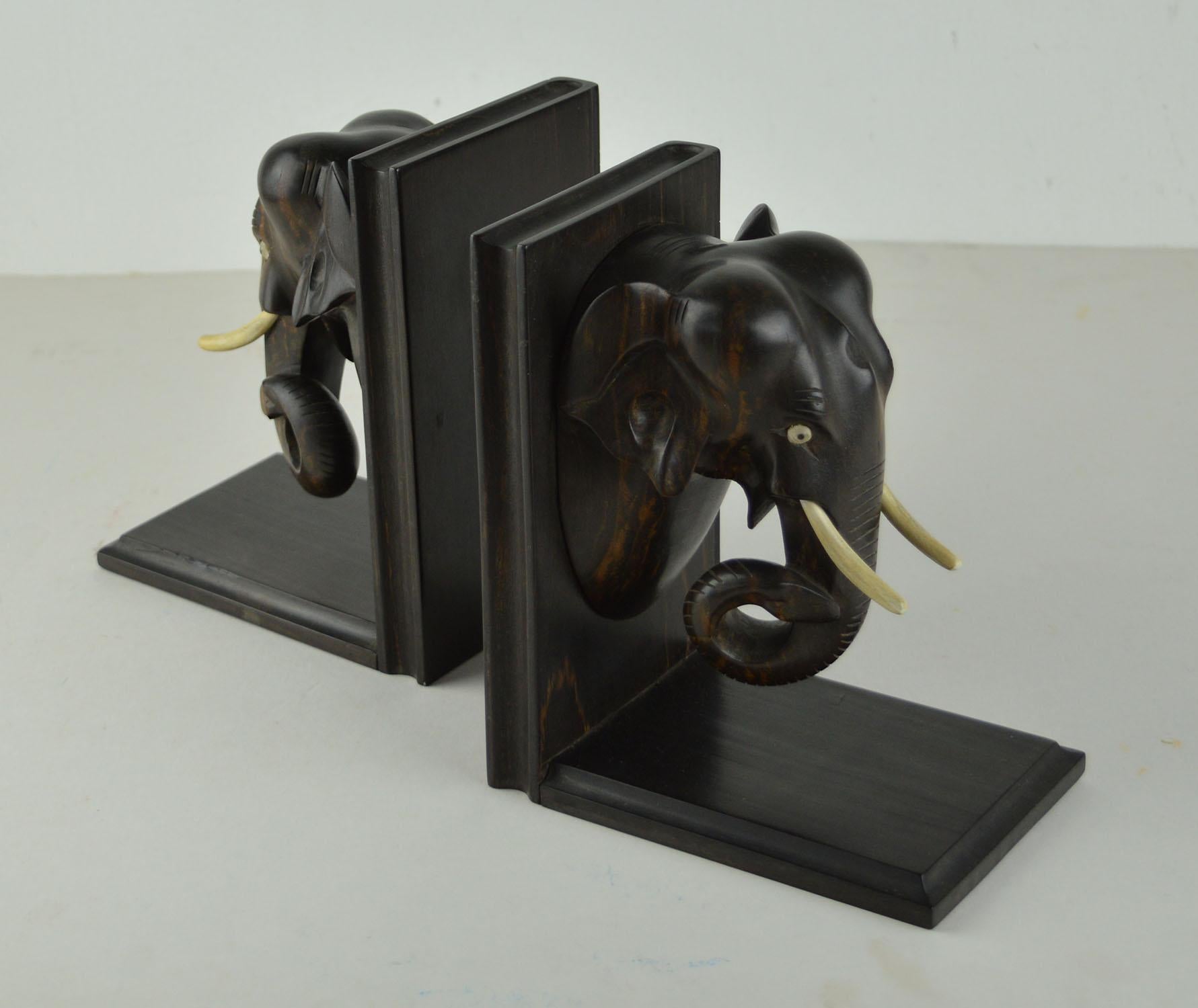 Indian Vintage Pair of Carved Ebony Elephant Bookends