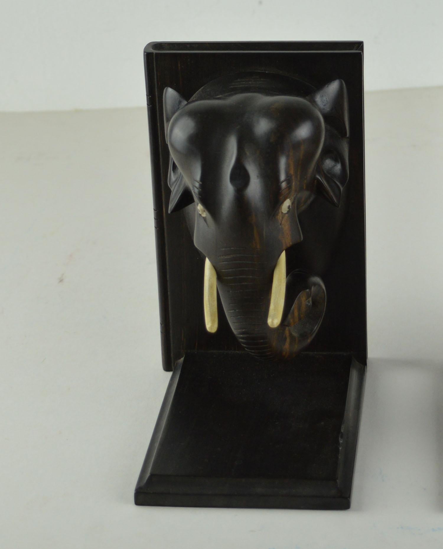 Vintage Pair of Carved Ebony Elephant Bookends In Good Condition In St Annes, Lancashire