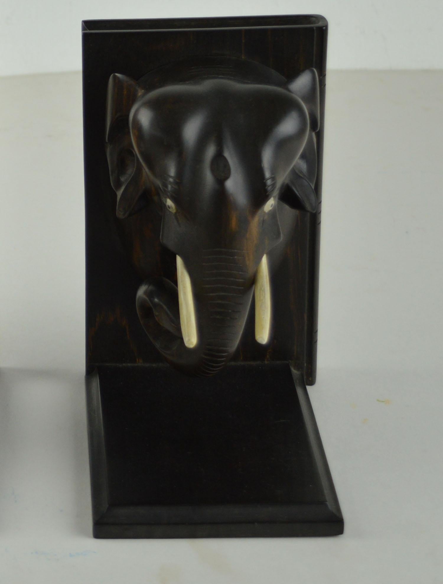 20th Century Vintage Pair of Carved Ebony Elephant Bookends