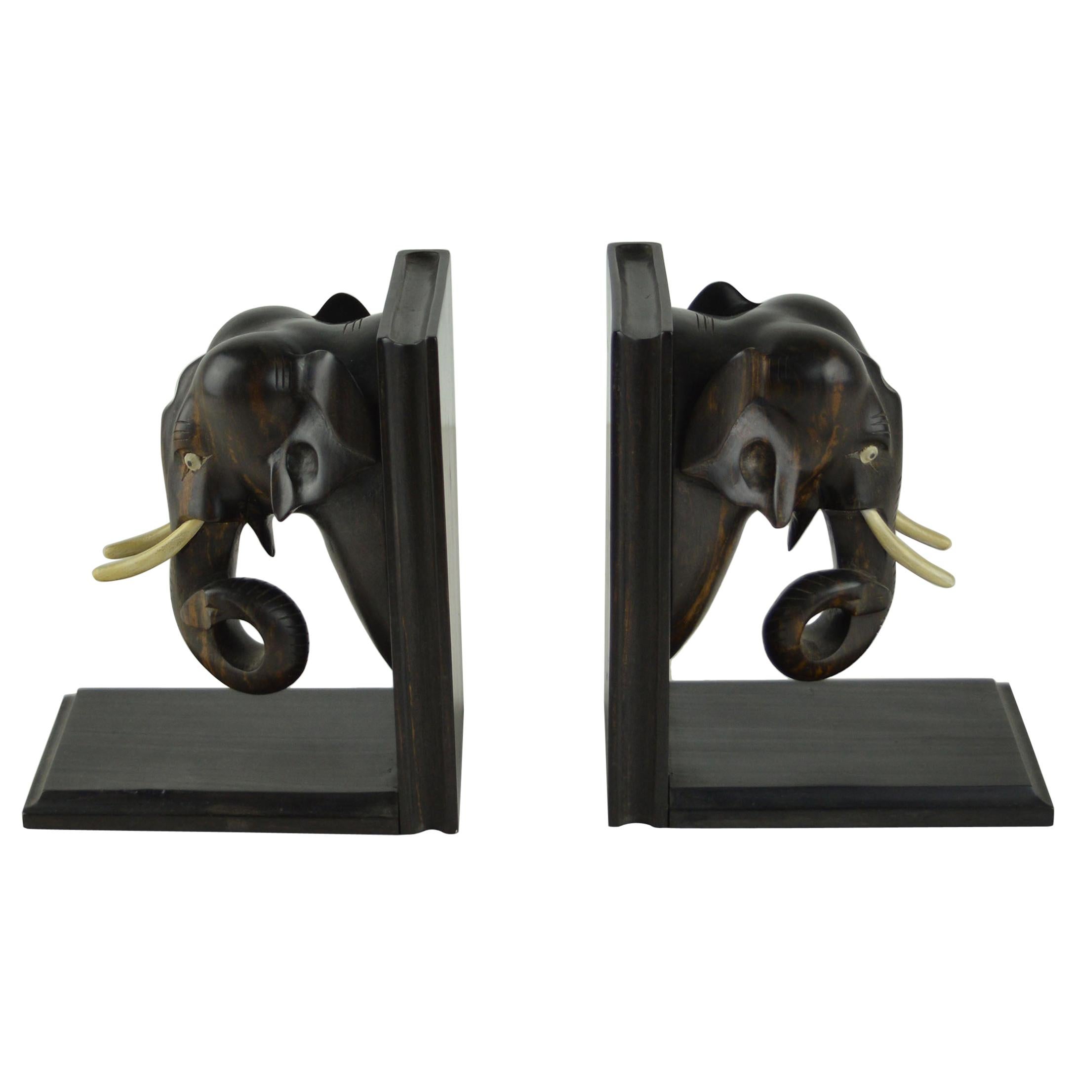 Vintage Pair of Carved Ebony Elephant Bookends