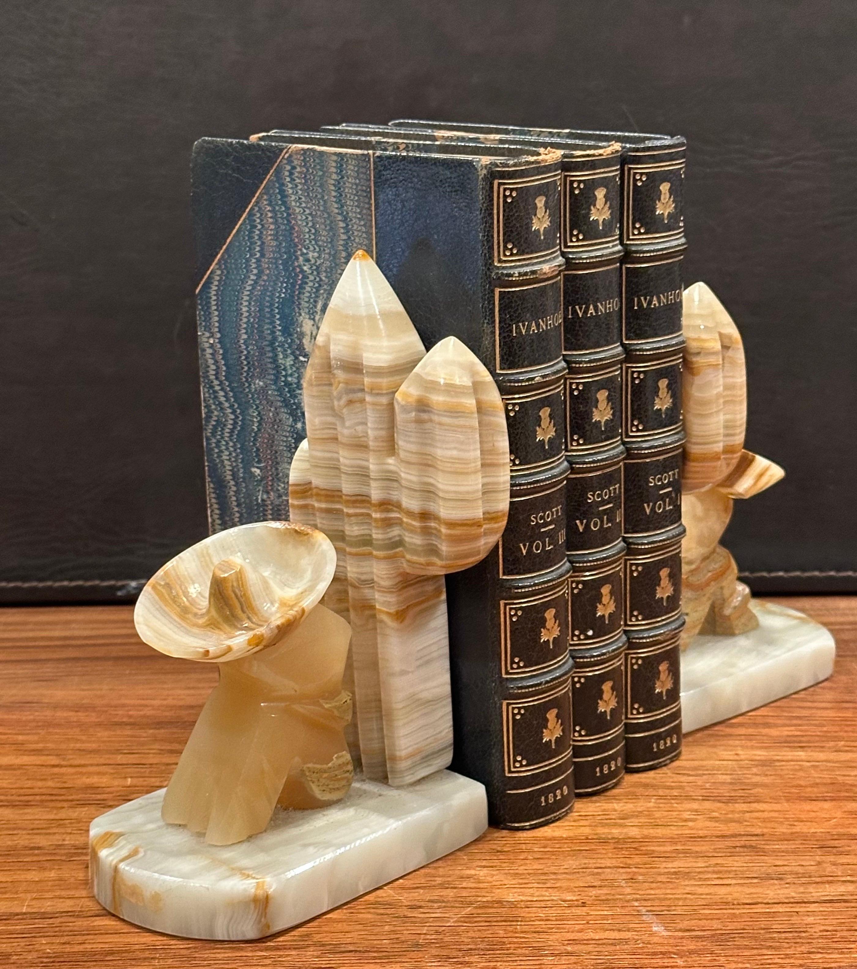 Vintage Pair of Carved Mexican Onyx Stone Bookends For Sale 8
