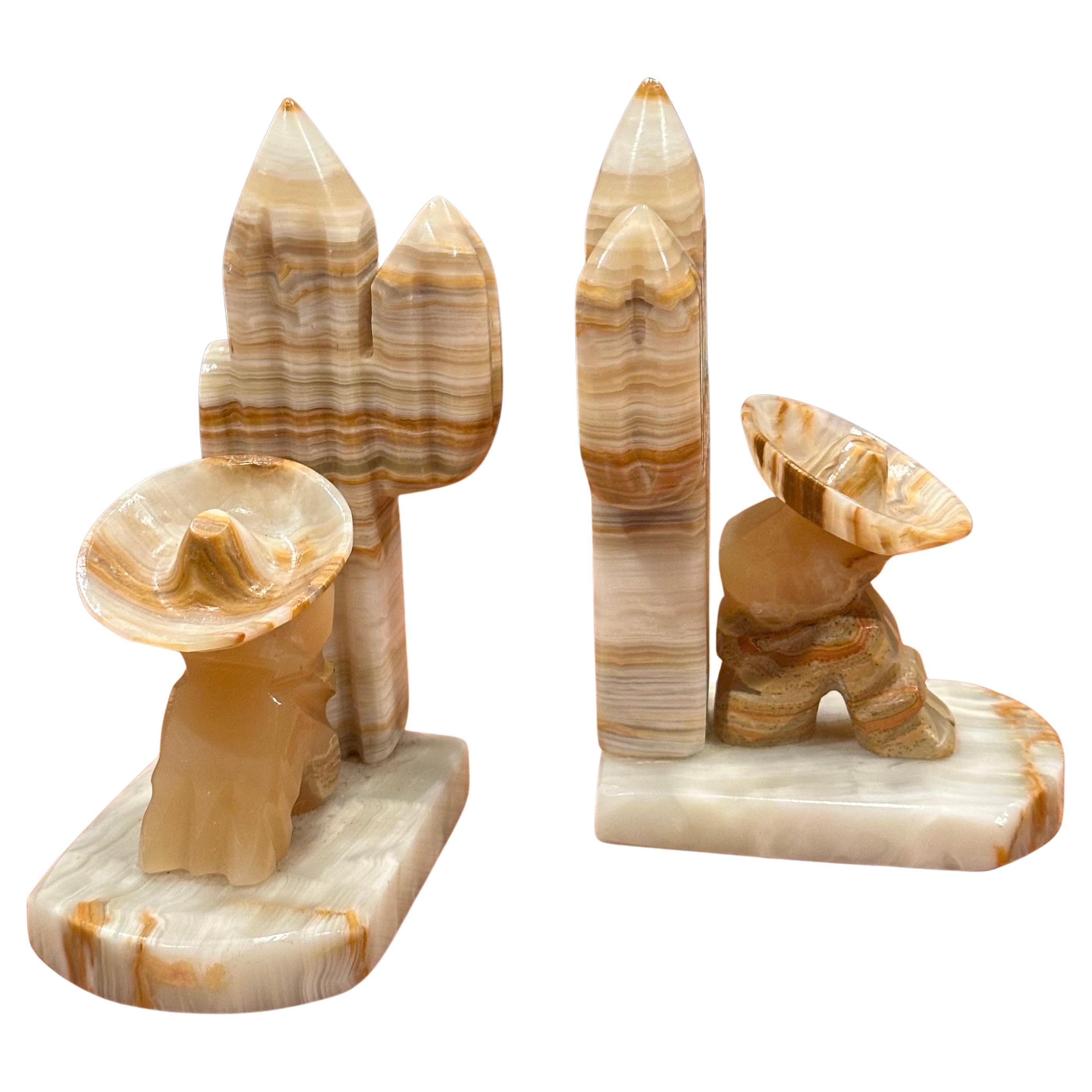 Vintage Pair of Carved Mexican Onyx Stone Bookends For Sale 9