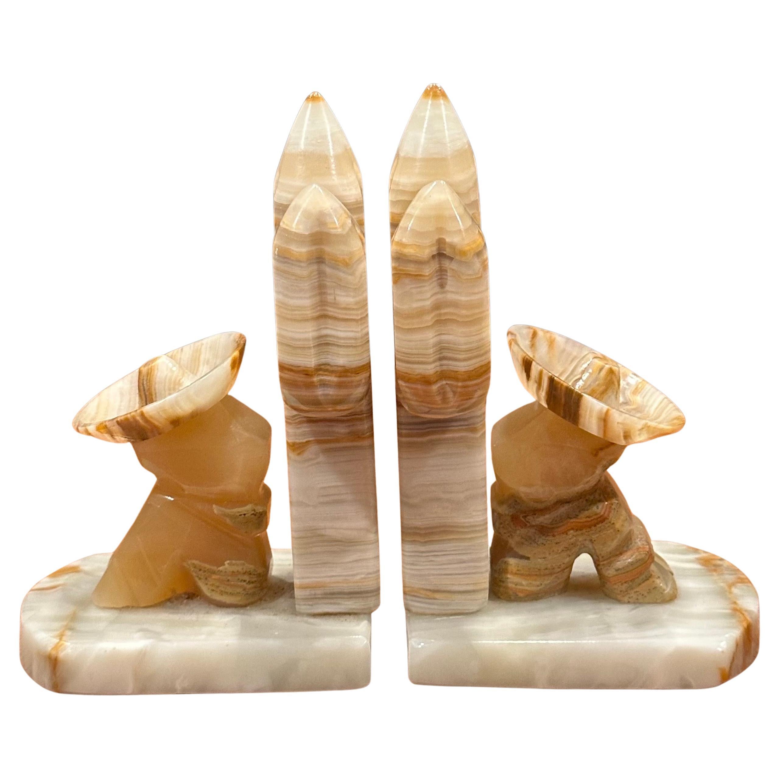 Vintage Pair of Carved Mexican Onyx Stone Bookends For Sale 1