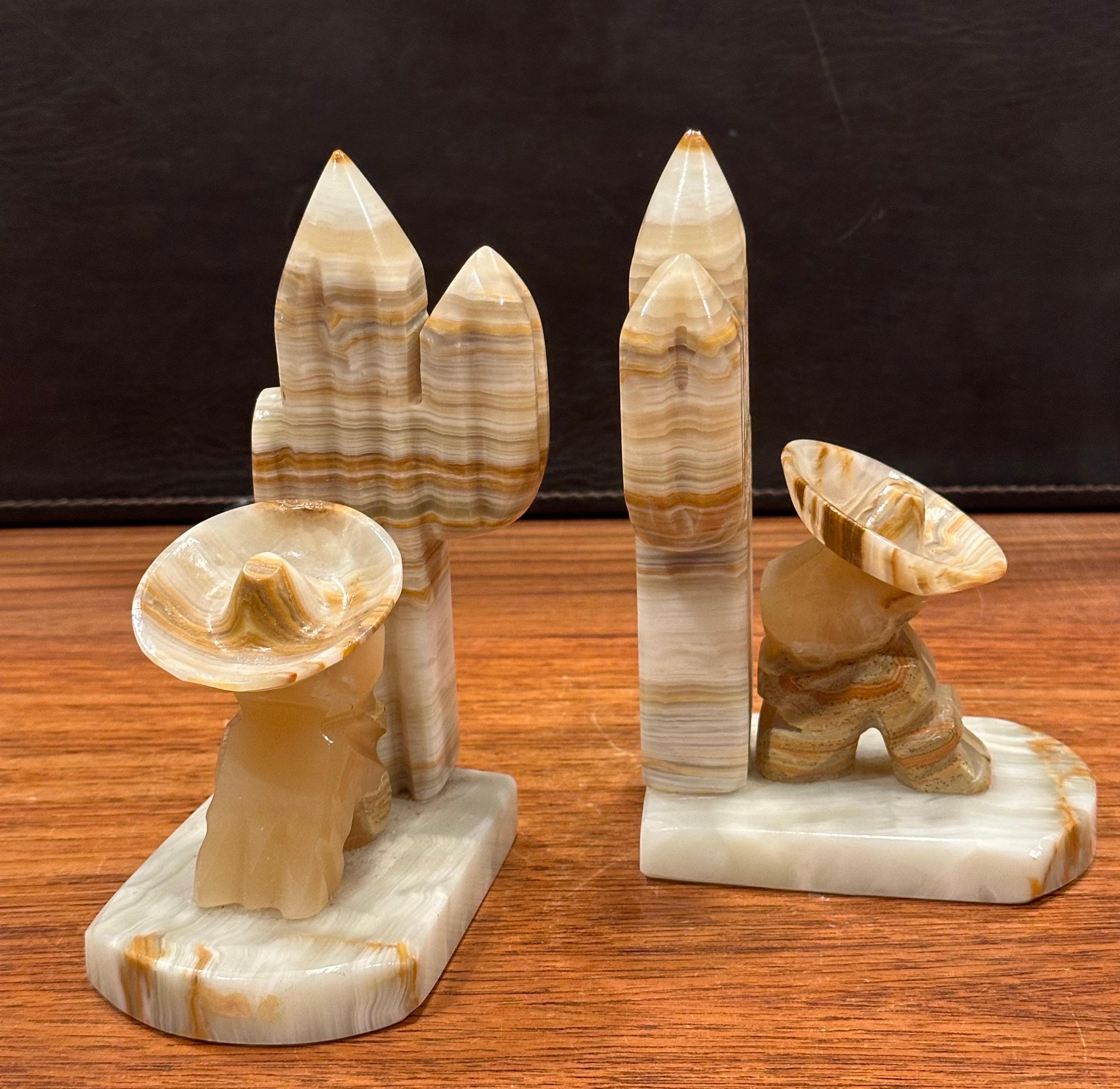 Vintage Pair of Carved Mexican Onyx Stone Bookends For Sale 2