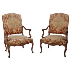 Vintage Pair of Carved Walnut Fauteuils with Floral Tapestry and Cabriole Legs