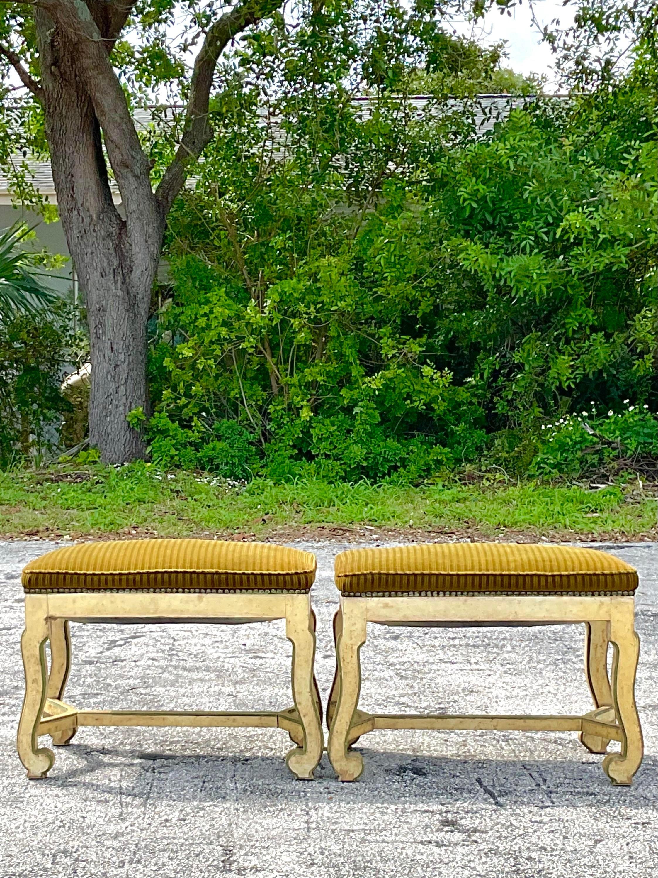 Vintage Pair of Carved Wood Corduroy Stools In Good Condition For Sale In west palm beach, FL