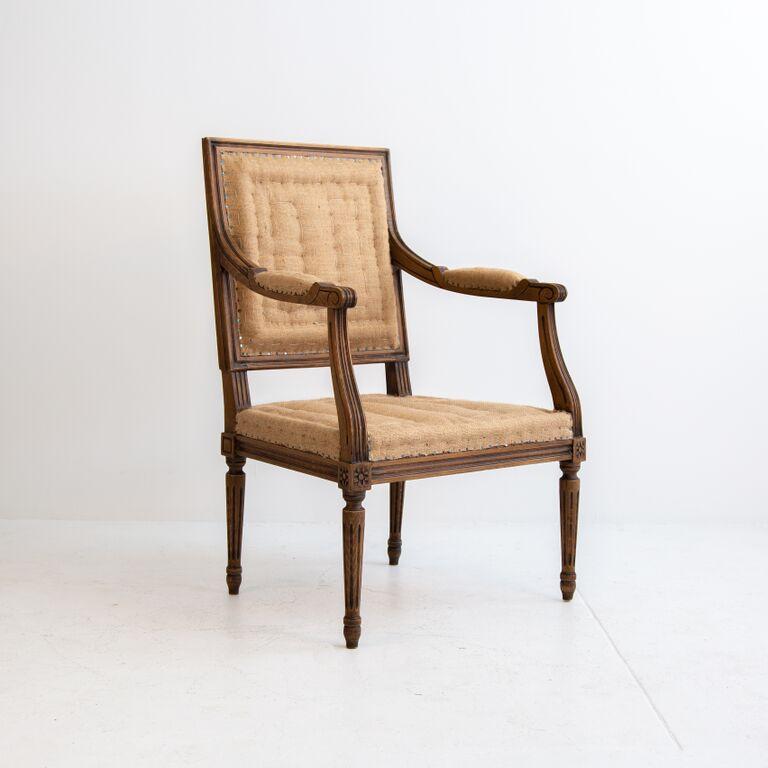 Patinated Vintage Pair of Carved Wood Fauteuil Louis XVI Armchairs, France For Sale
