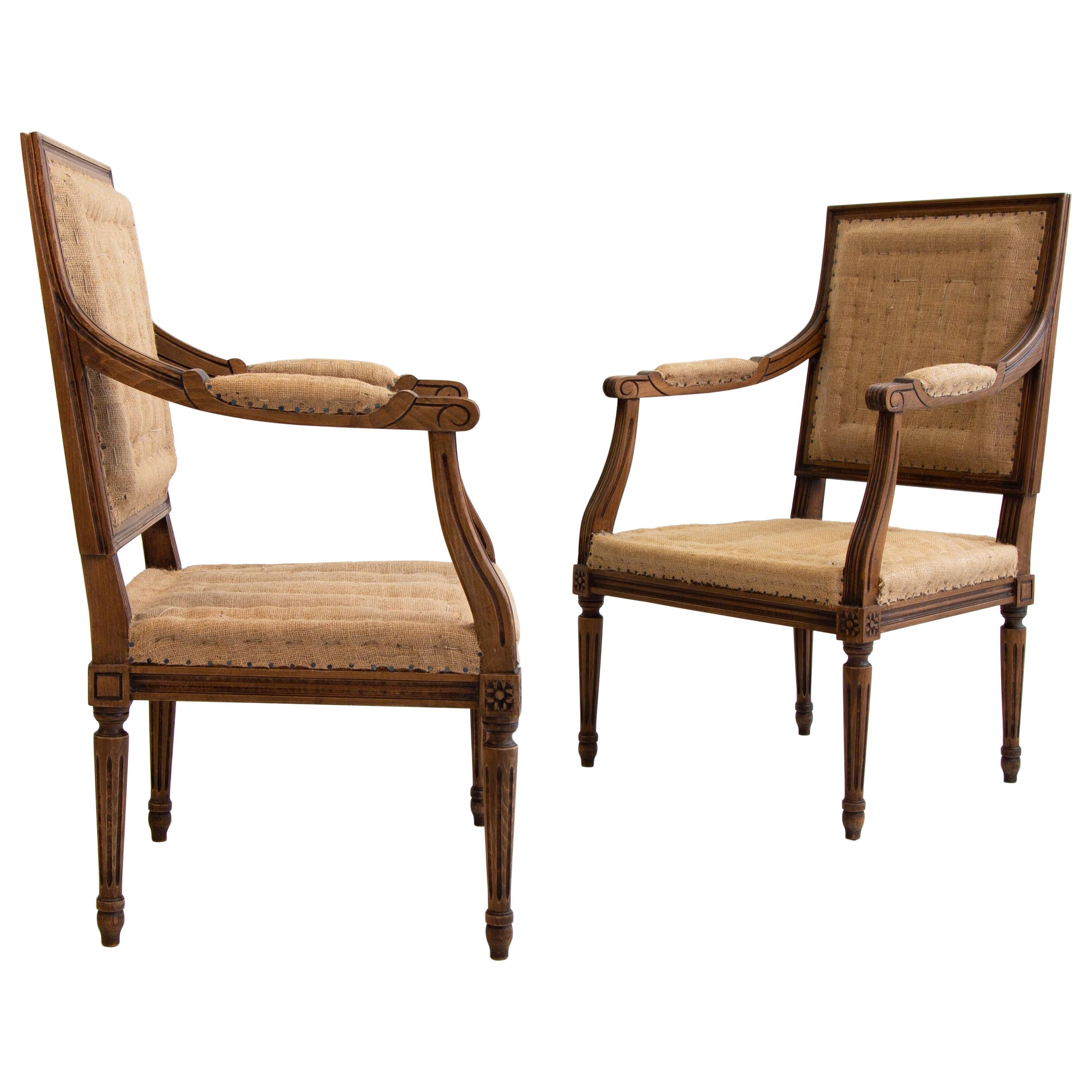 Vintage Pair of Carved Wood Fauteuil Louis XVI Armchairs, France