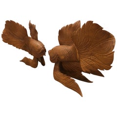 Vintage Pair of Carved Wooden Japanese Koi Fish