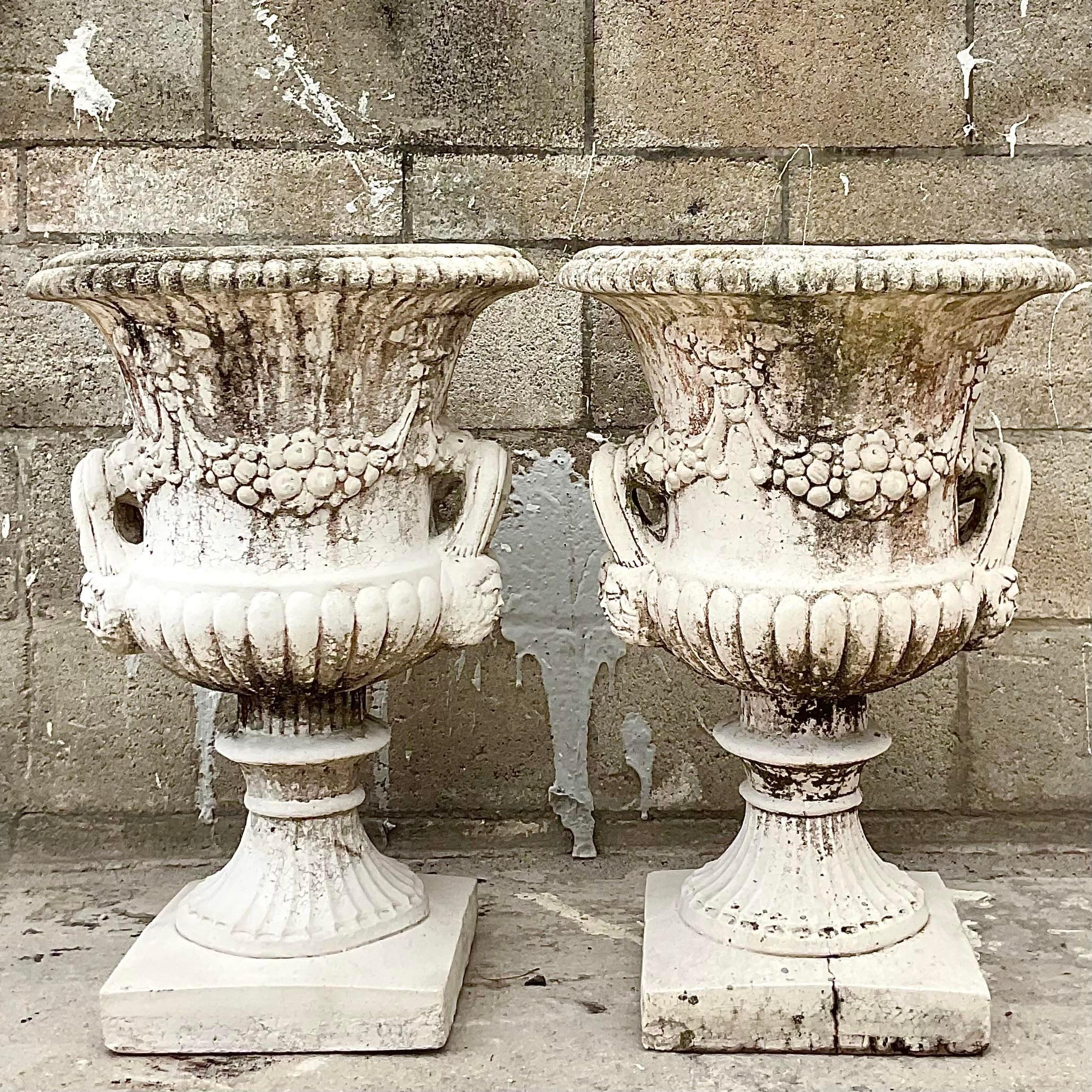 Mid-Century Modern Vintage Pair of Cast Concrete Swag Urns - a Pair For Sale