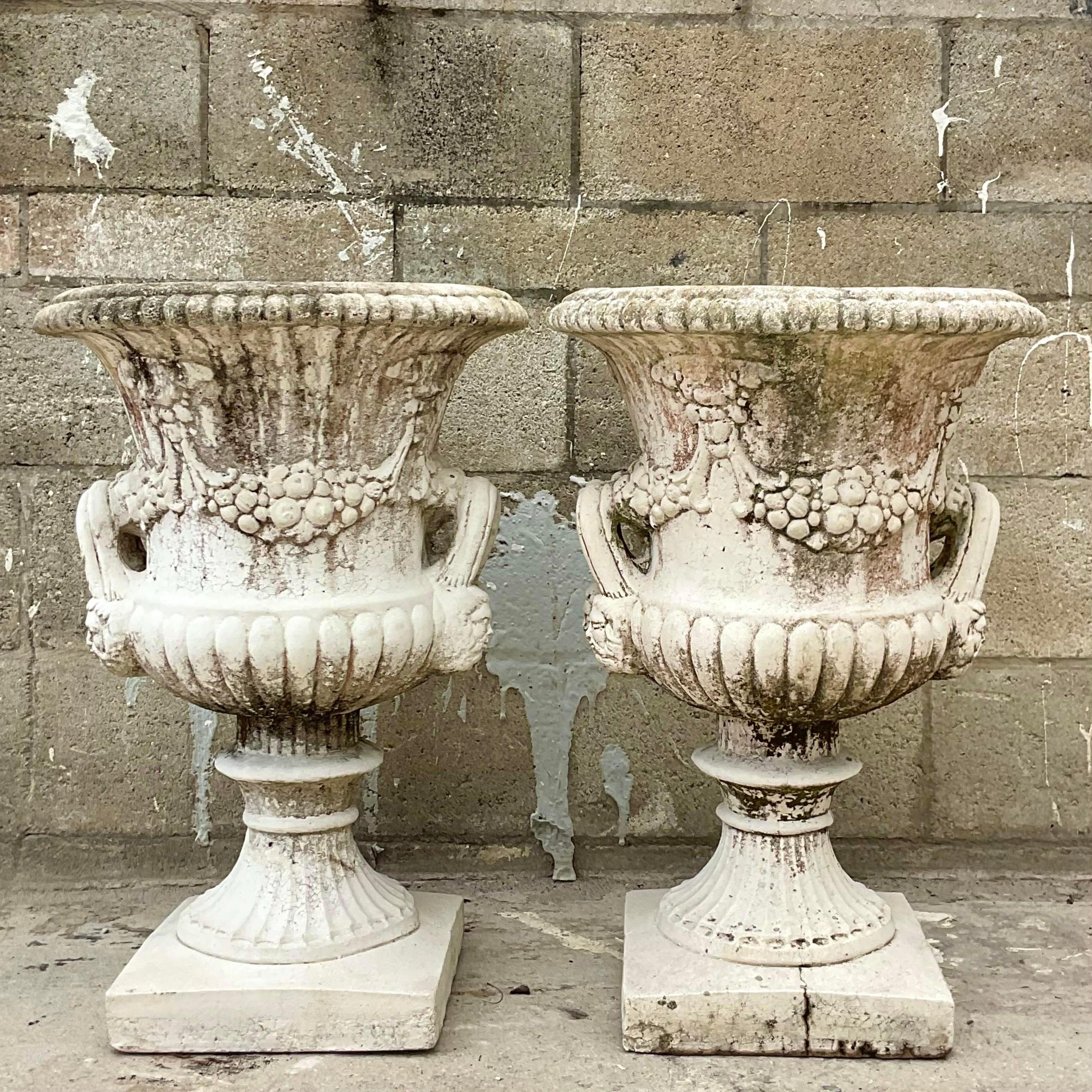Vintage Pair of Cast Concrete Swag Urns - a Pair In Good Condition For Sale In west palm beach, FL