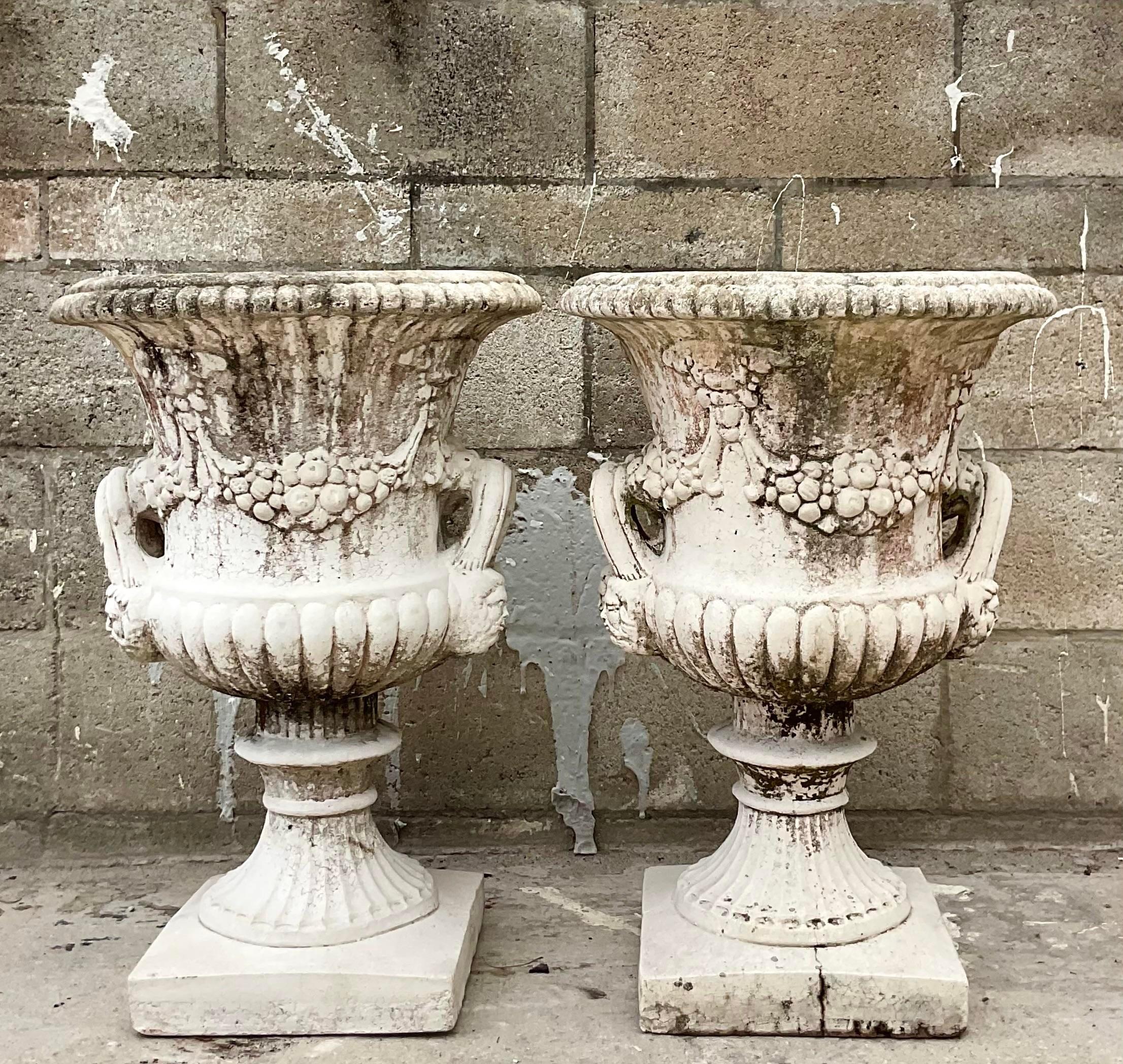 Vintage Pair of Cast Concrete Swag Urns - a Pair For Sale 1