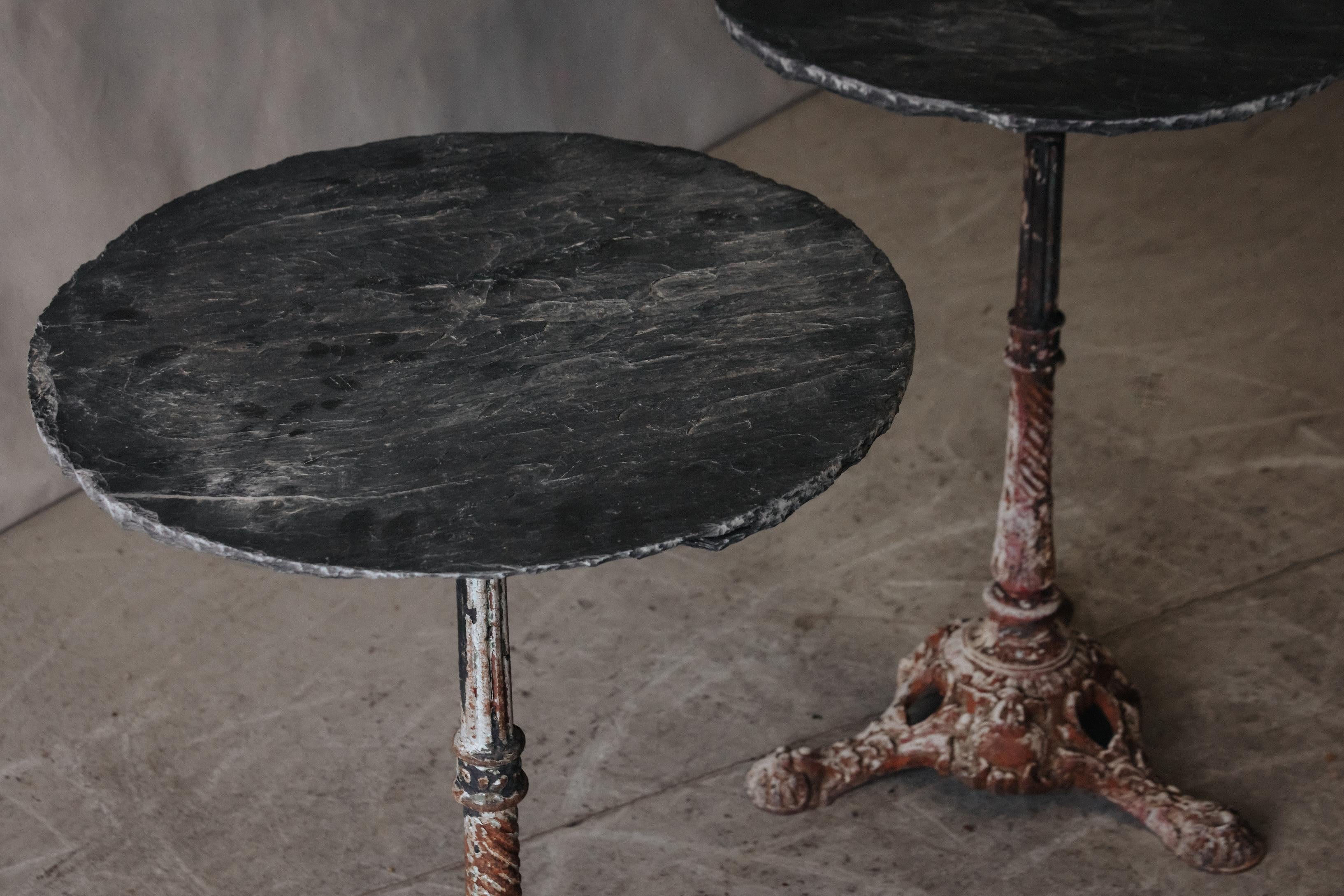 European Vintage Pair Of Cast Iron And Slate Bistro Tables From France, Circa 1950
