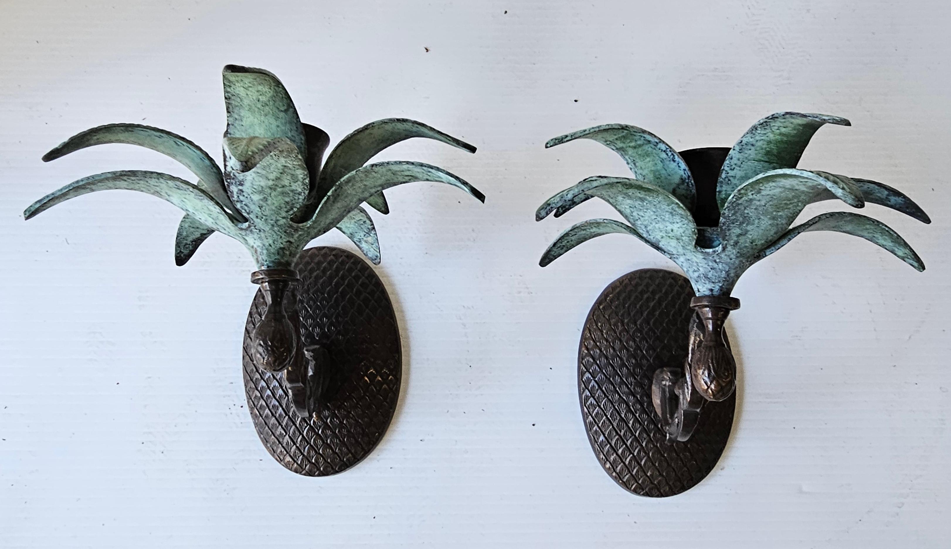 A Vintage Pair of Cast Iron and painted Palm Tree Leaves Candle Holder Wall Sconces. Measures 9