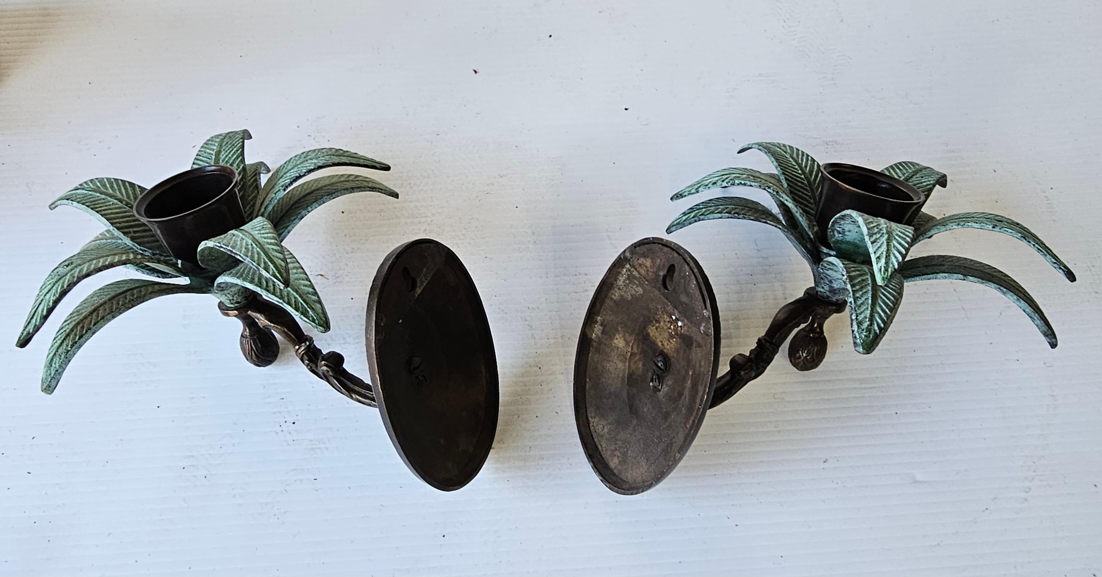 Mid-Century Modern Vintage Pair of Cast Iron Palm Tree Leaves Candle Holder Wall Sconces