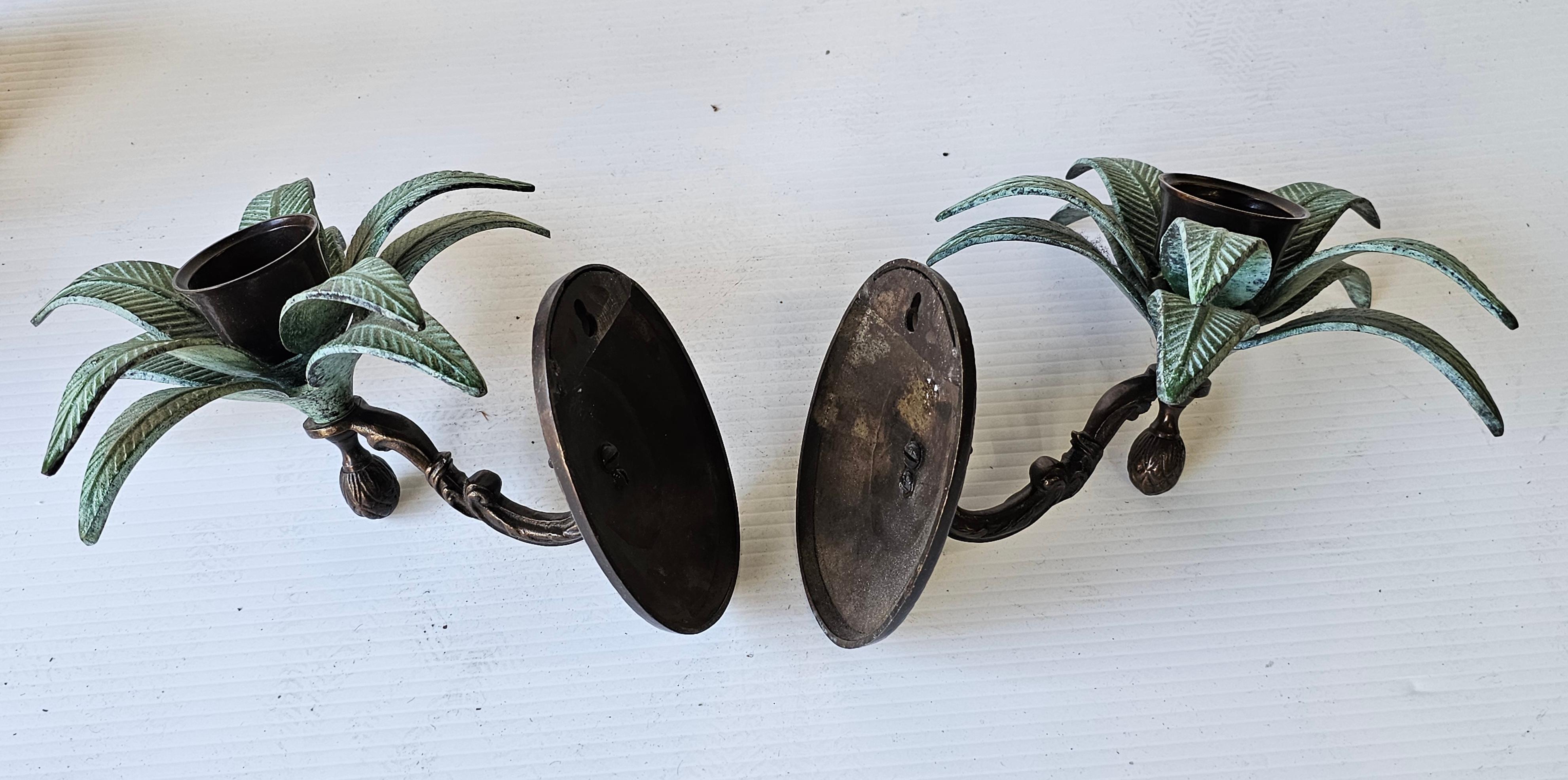 Vintage Pair of Cast Iron Palm Tree Leaves Candle Holder Wall Sconces In Good Condition In Germantown, MD