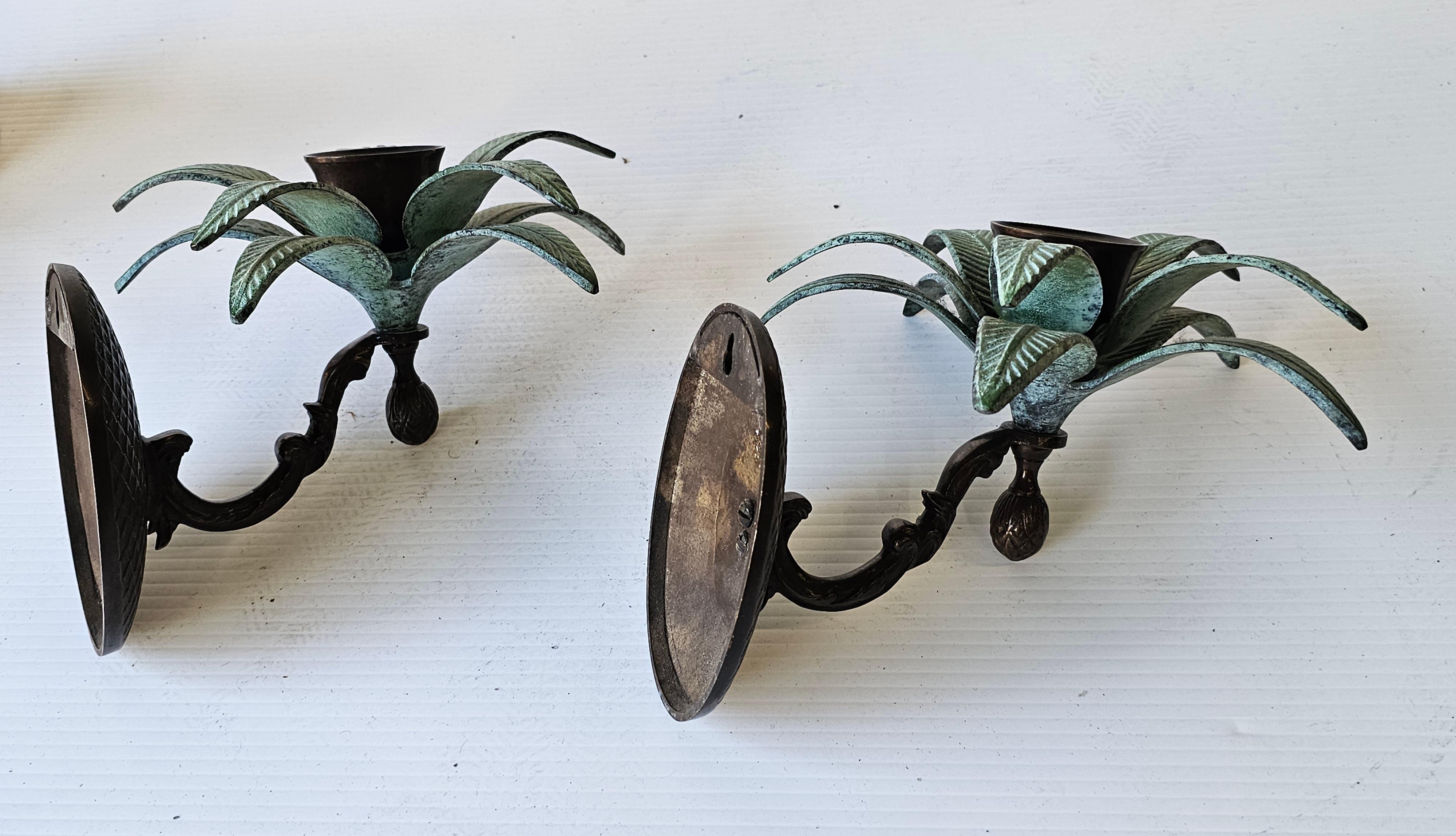 20th Century Vintage Pair of Cast Iron Palm Tree Leaves Candle Holder Wall Sconces