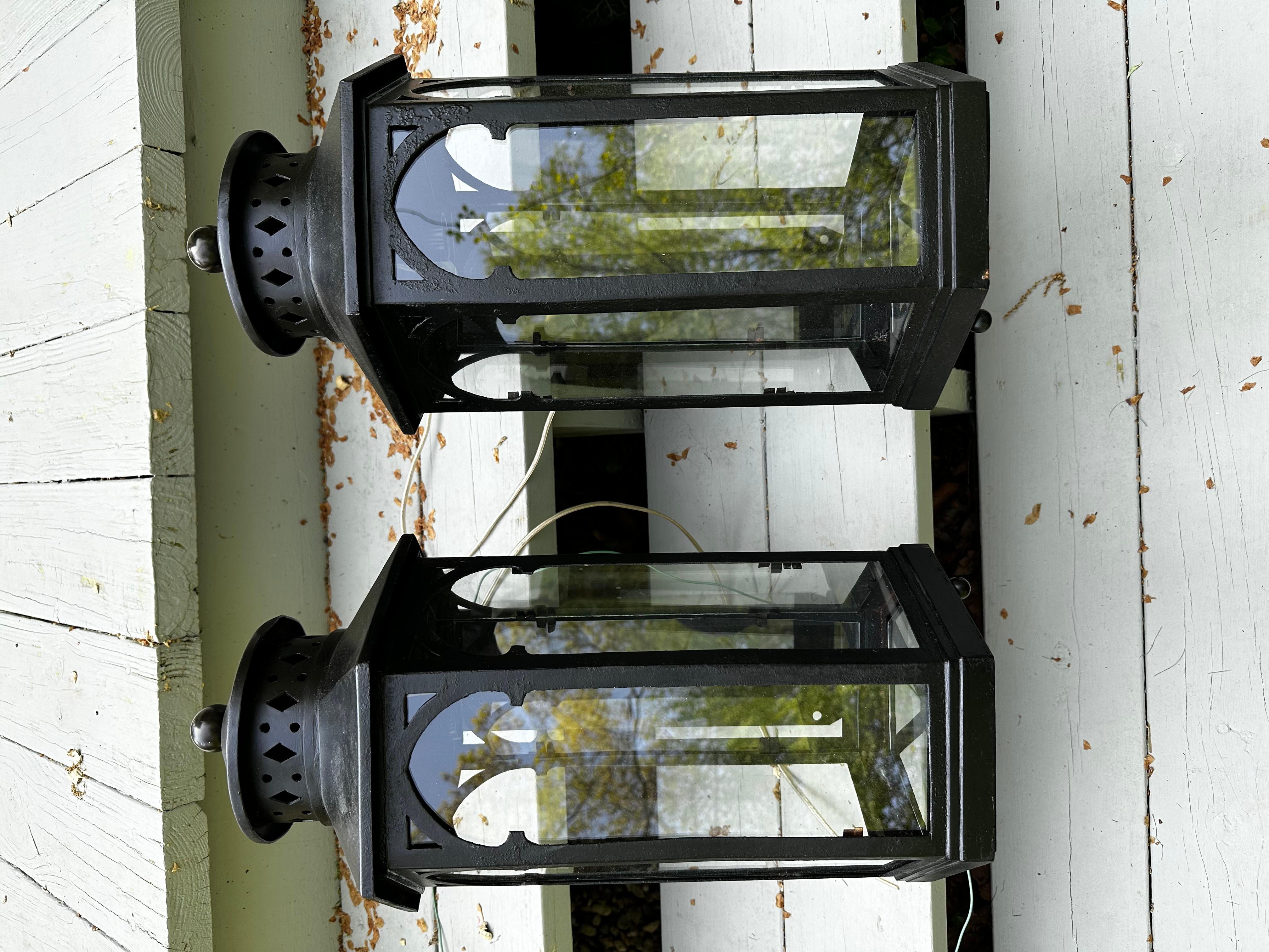 Old Lights On is pleased to offer this pair of cast-iron exterior wall sconces. They have been fully restored and rewired and are ready to install. We ship everywhere. They are in excellent condition with new sockets. Follow us here for more great