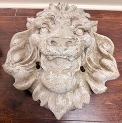 Vintage Pair of Cast Stone Lion Heads, 19th Century, French Wall Art