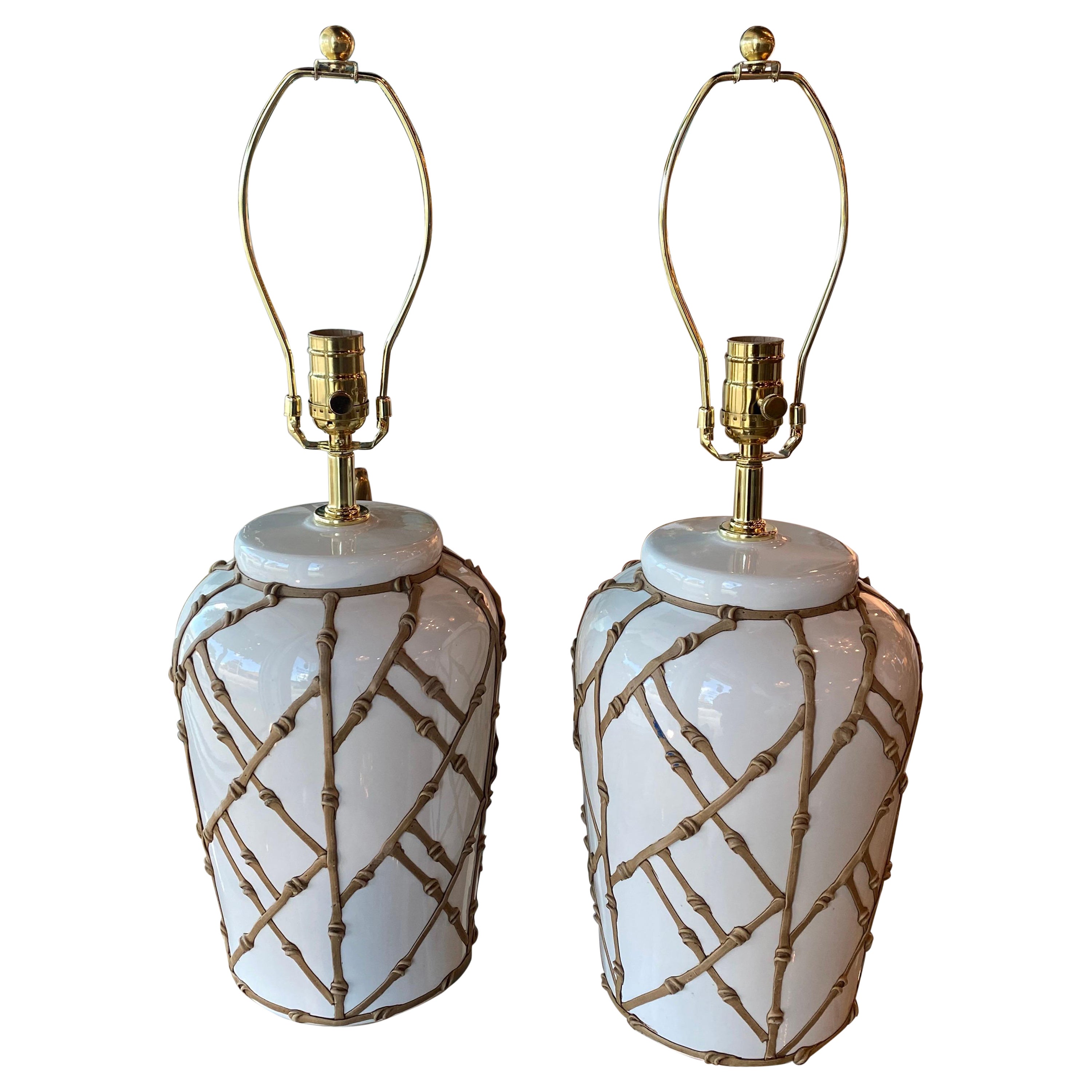 Vintage Pair of Ceramic Faux Bamboo Ginger Jar Table Lamps Newly Wired