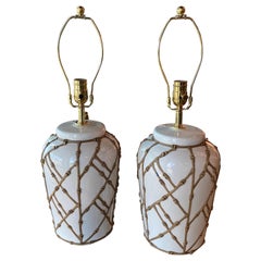 Vintage Pair of Ceramic Faux Bamboo Ginger Jar Table Lamps Newly Wired