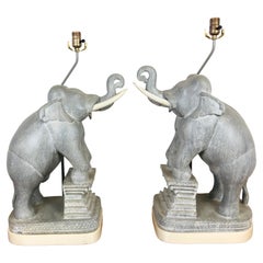 Vintage Pair of Cerused Carved Wood Elephant Lamps in the Style of James Mont