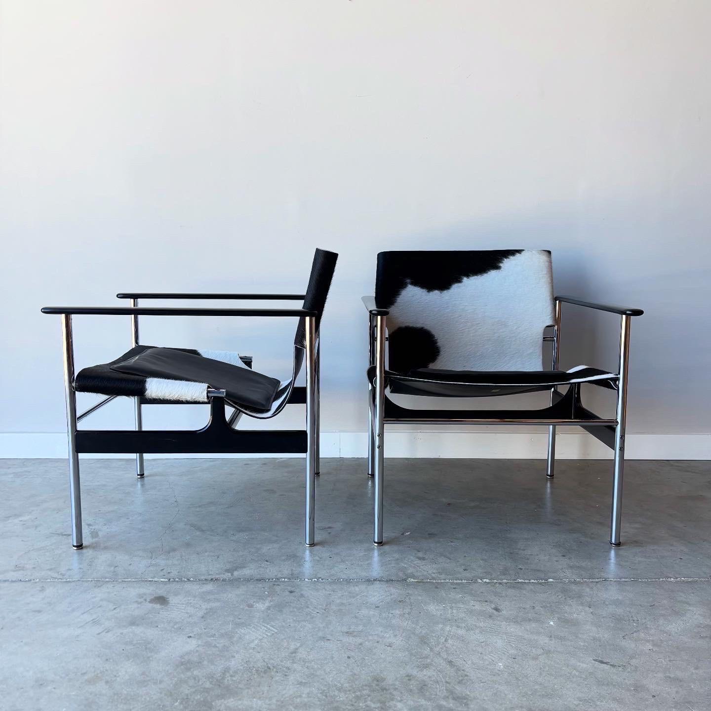 Pareja vintage de sillas de cuero de vaca Charles Pollock, Knoll, años 60 en Bueno estado para la venta en Raleigh, NC