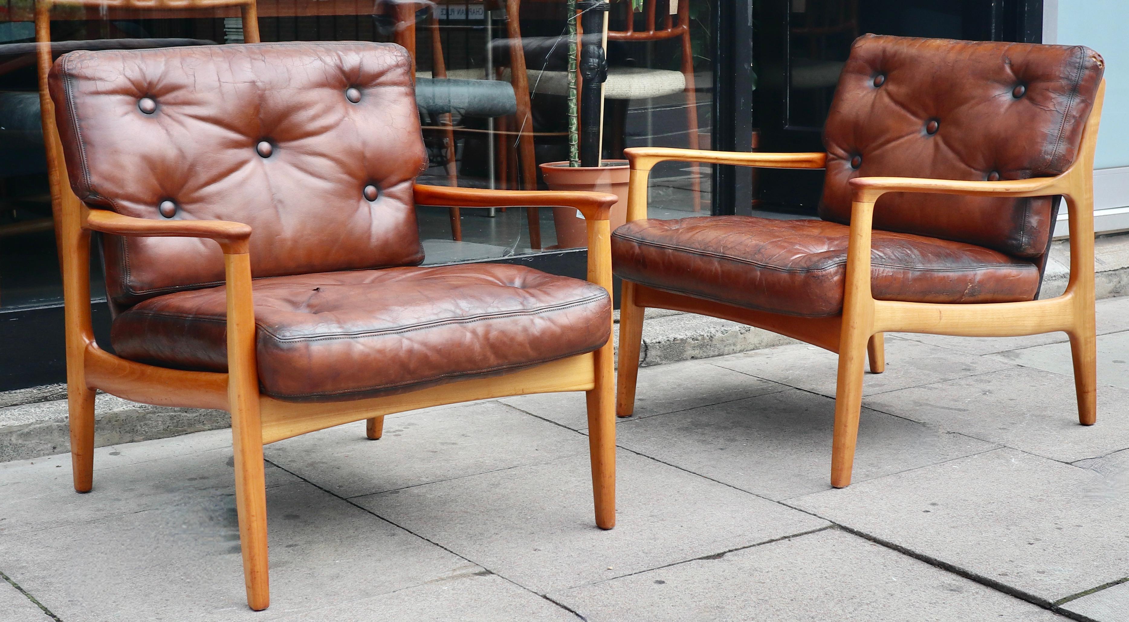 Paar Vintage-Loungesessel aus Kirschbaumholz und Leder von Eugen Schmidt für Soloform im Angebot 5