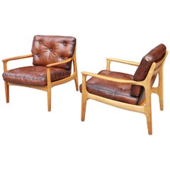 Paar Vintage-Loungesessel aus Kirschbaumholz und Leder von Eugen Schmidt für Soloform