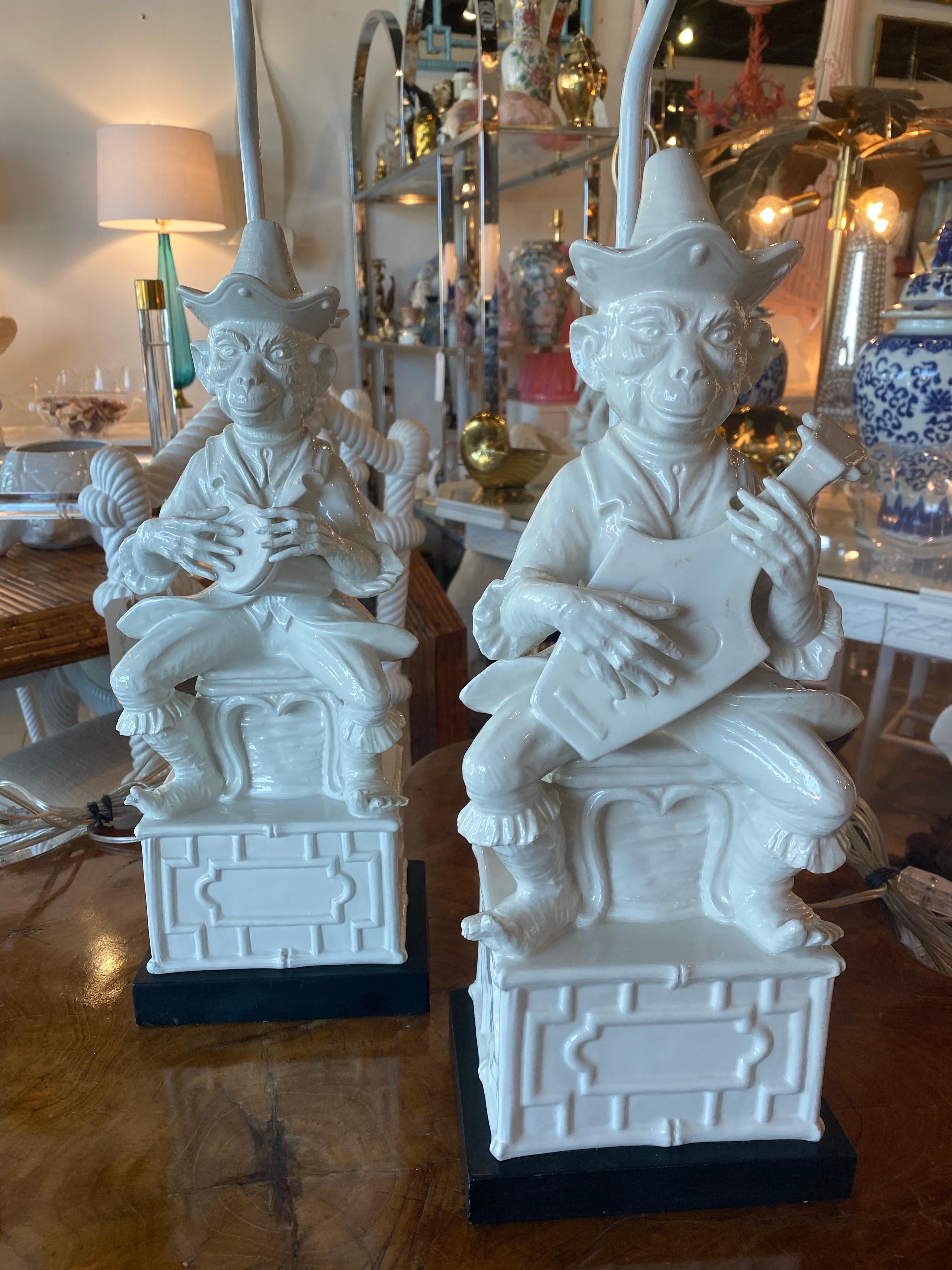 Vintage Pair of Chine de Blanc Chinoiserie White Ceramic Monkey Table Lamps 6