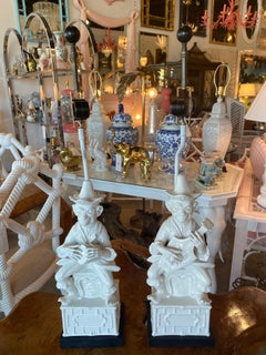Vintage Pair of Chine de Blanc Chinoiserie White Ceramic Monkey Table Lamps