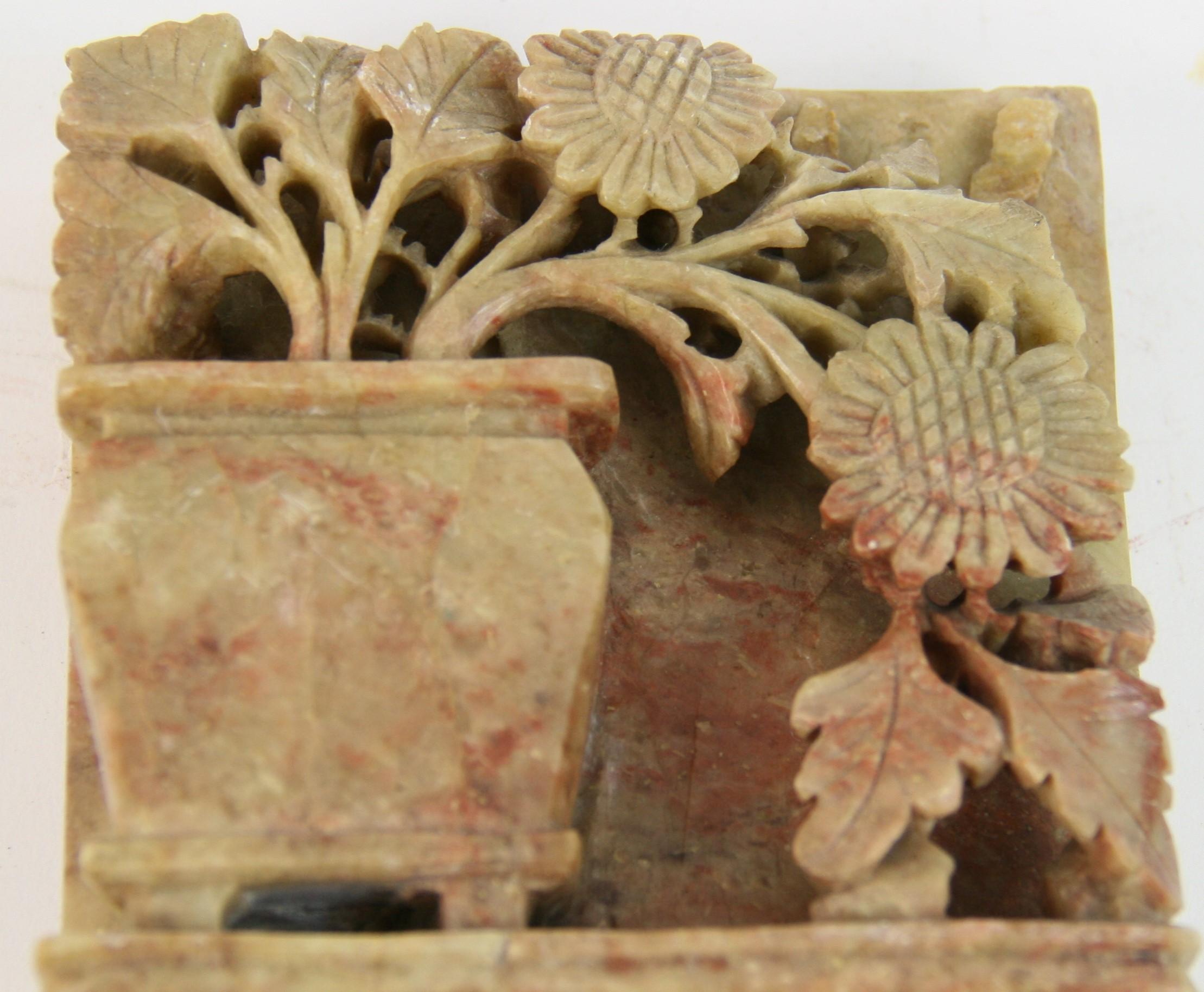Mid-20th Century Vintage Pair of  Carved Soapstone Floral Garden Urn Bookends, circa 1930s